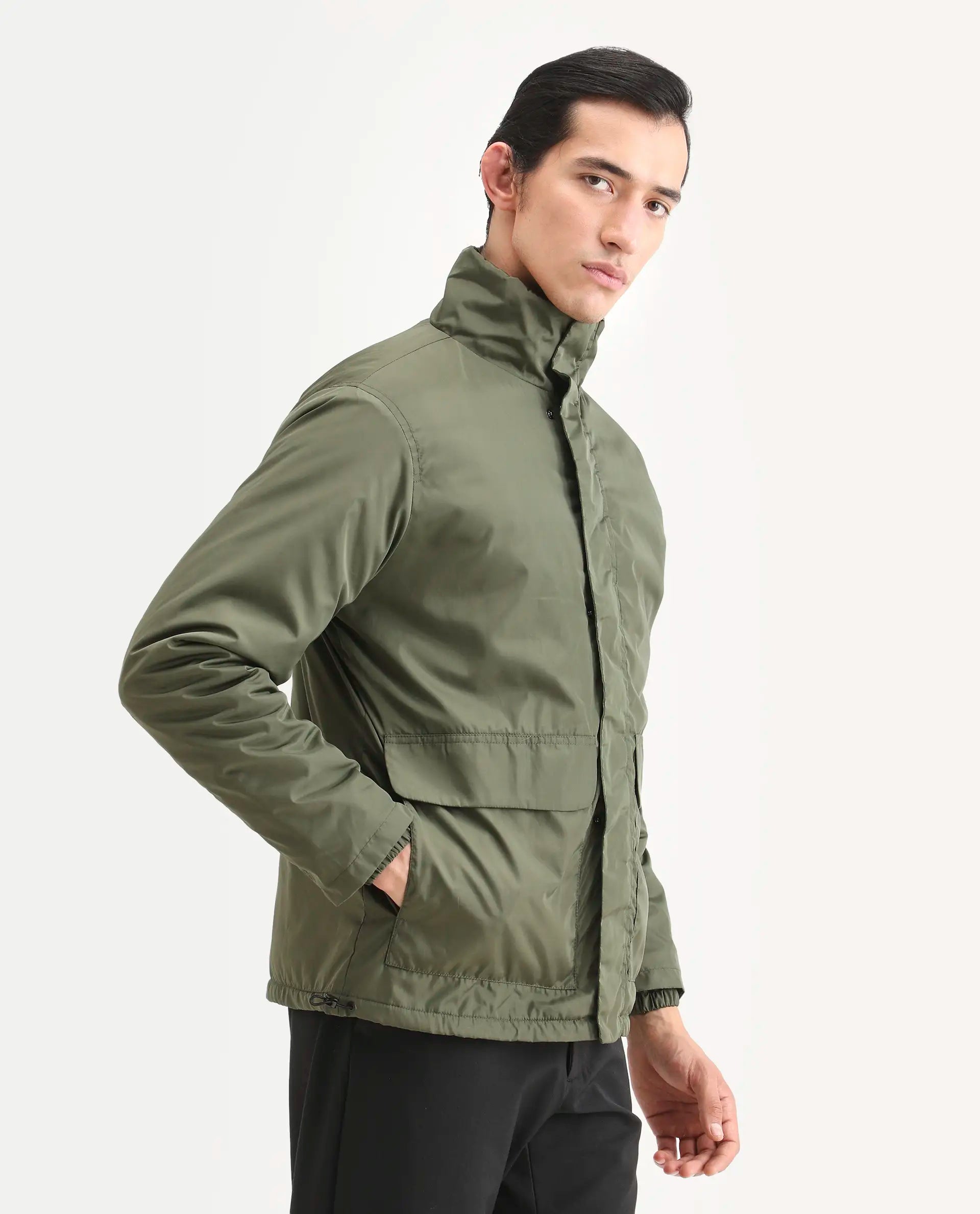 Rare Rabbit Men's Oba Dark Green Polyester Plain Relaxed Fit Full Sleeve High Neck Jacket