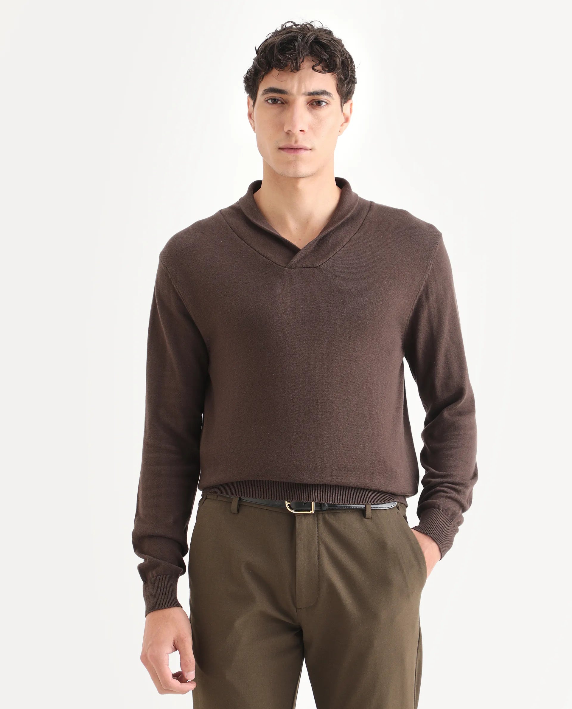 Rare Rabbit Men's Kenlay Brown Cotton Blend Plain Regular Fit Full Sleeve High Neck Sweater