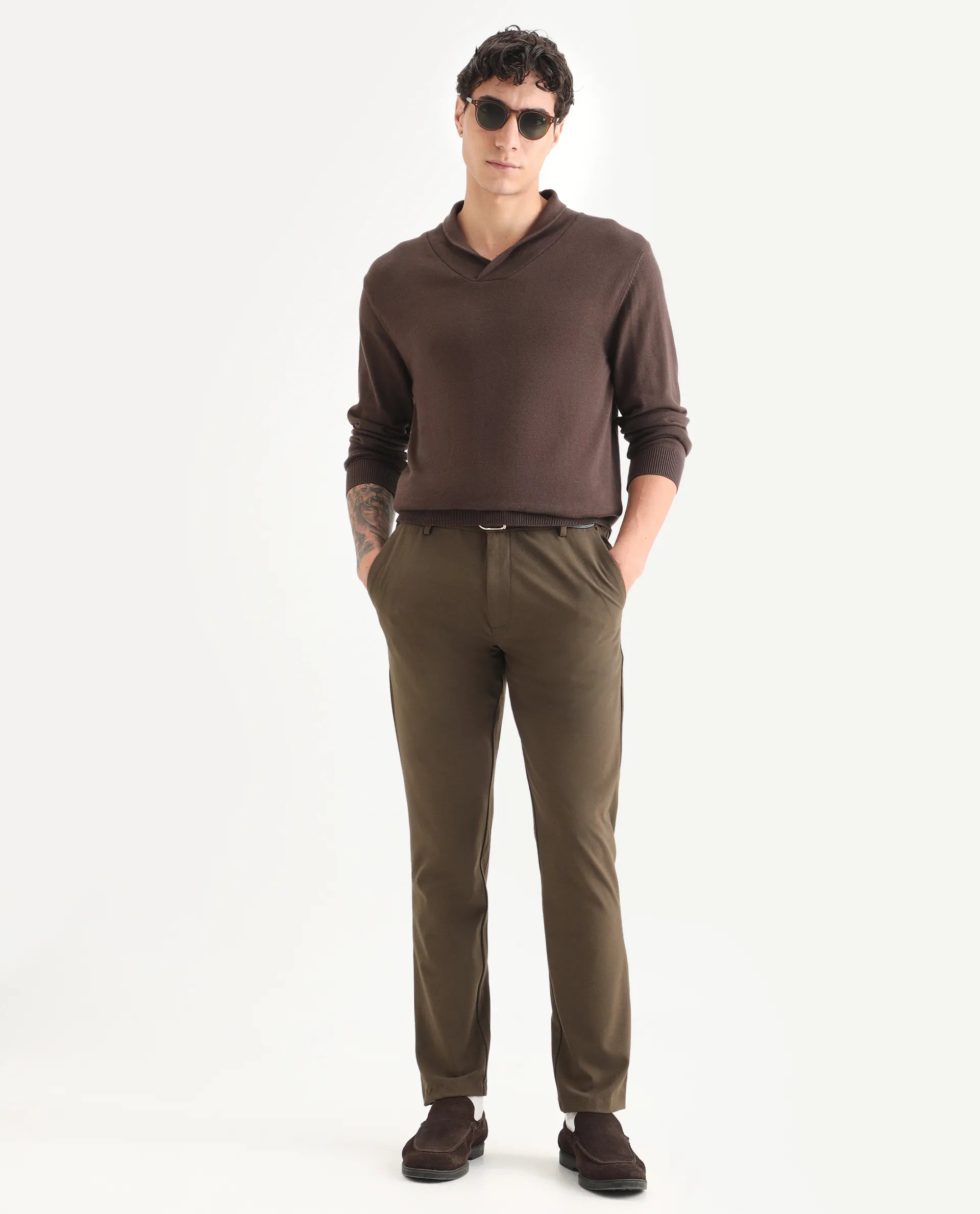 Rare Rabbit Men's Kenlay Brown Cotton Blend Plain Regular Fit Full Sleeve High Neck Sweater