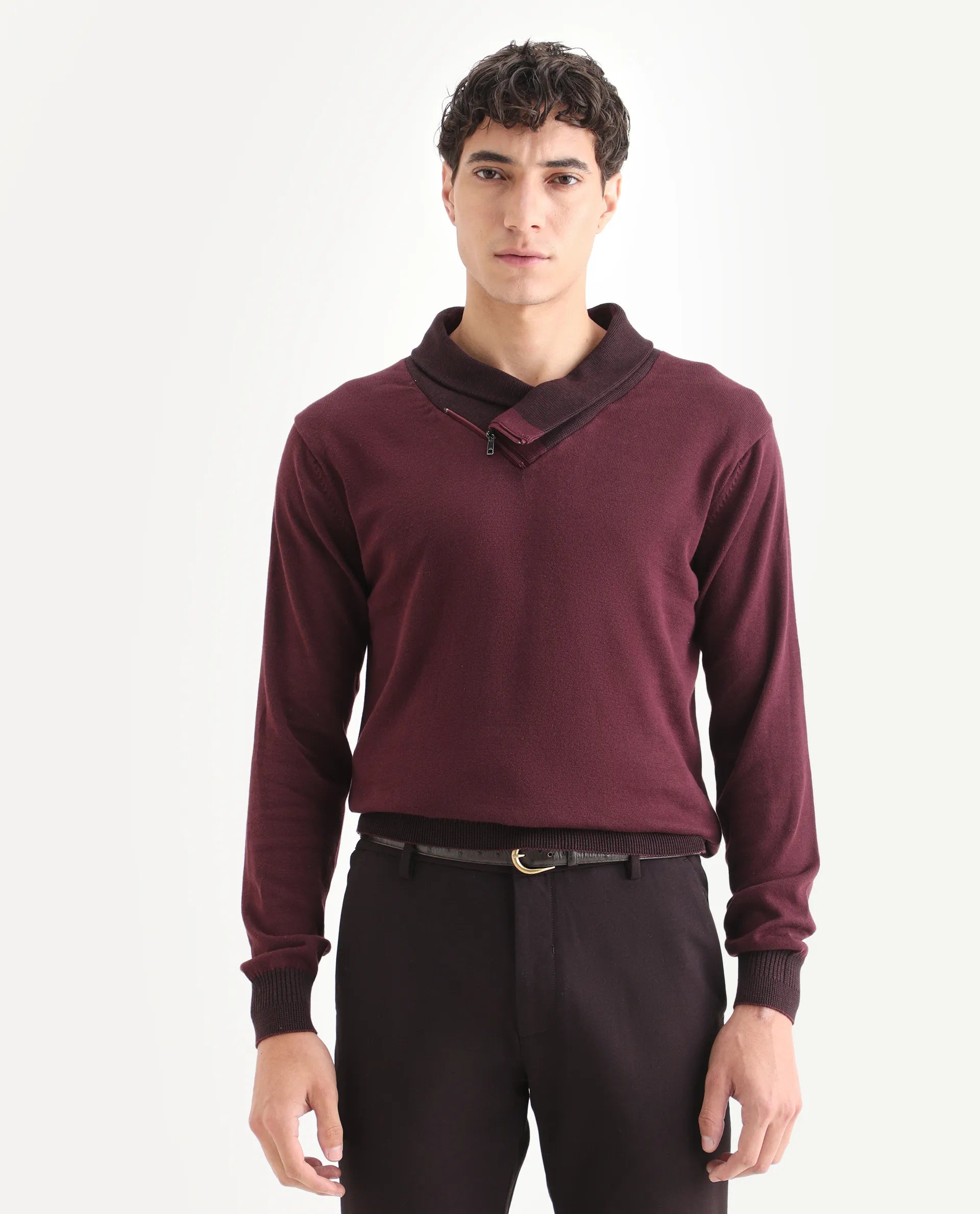 Rare Rabbit Men's Lyzo - Maroon Cotton Plain Regular Fit Full Sleeve Cowl Neck Sweater