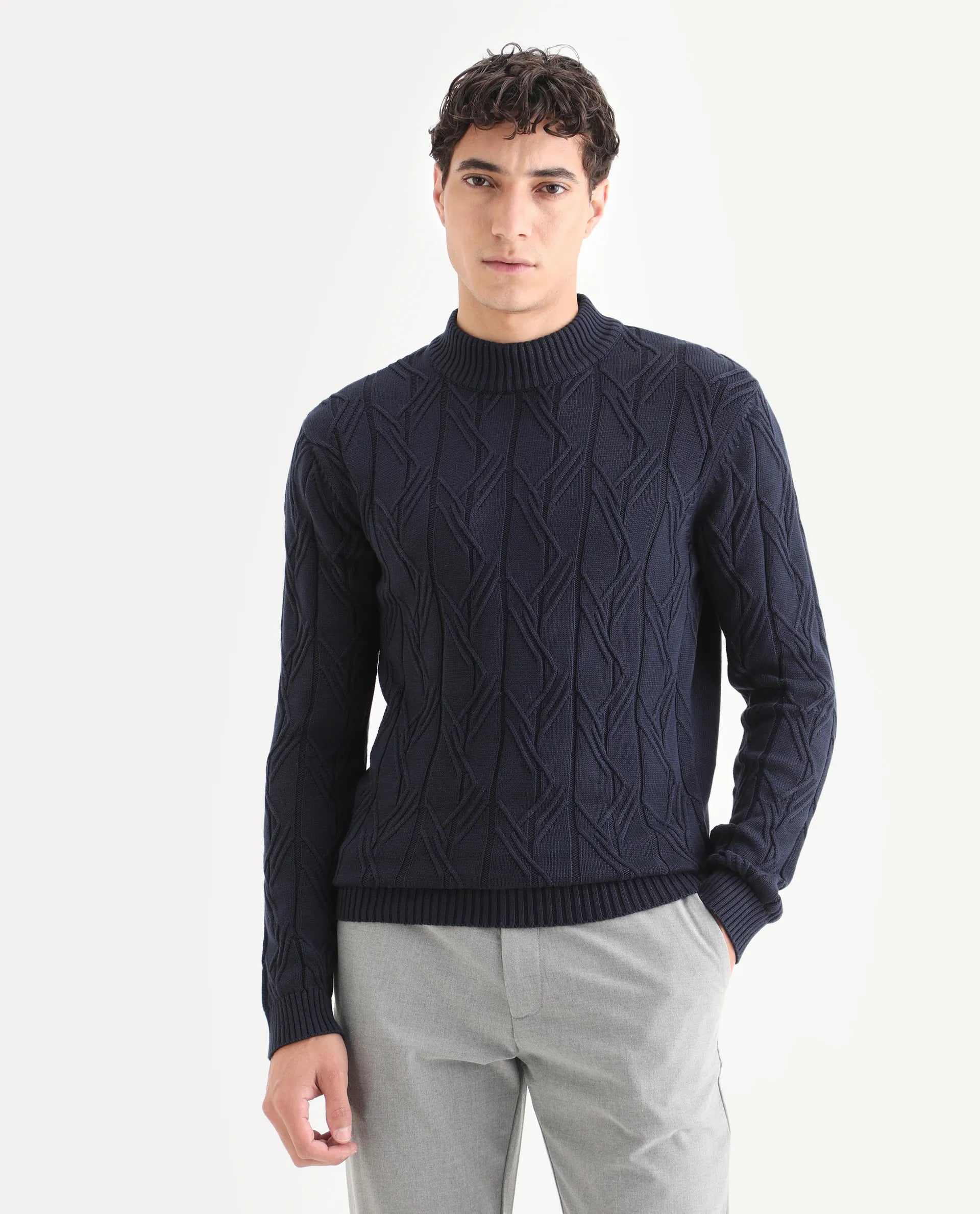 Rare Rabbit Men's Caloz Navy Cotton Textured Regular Fit Full Sleeve High Neck Sweater