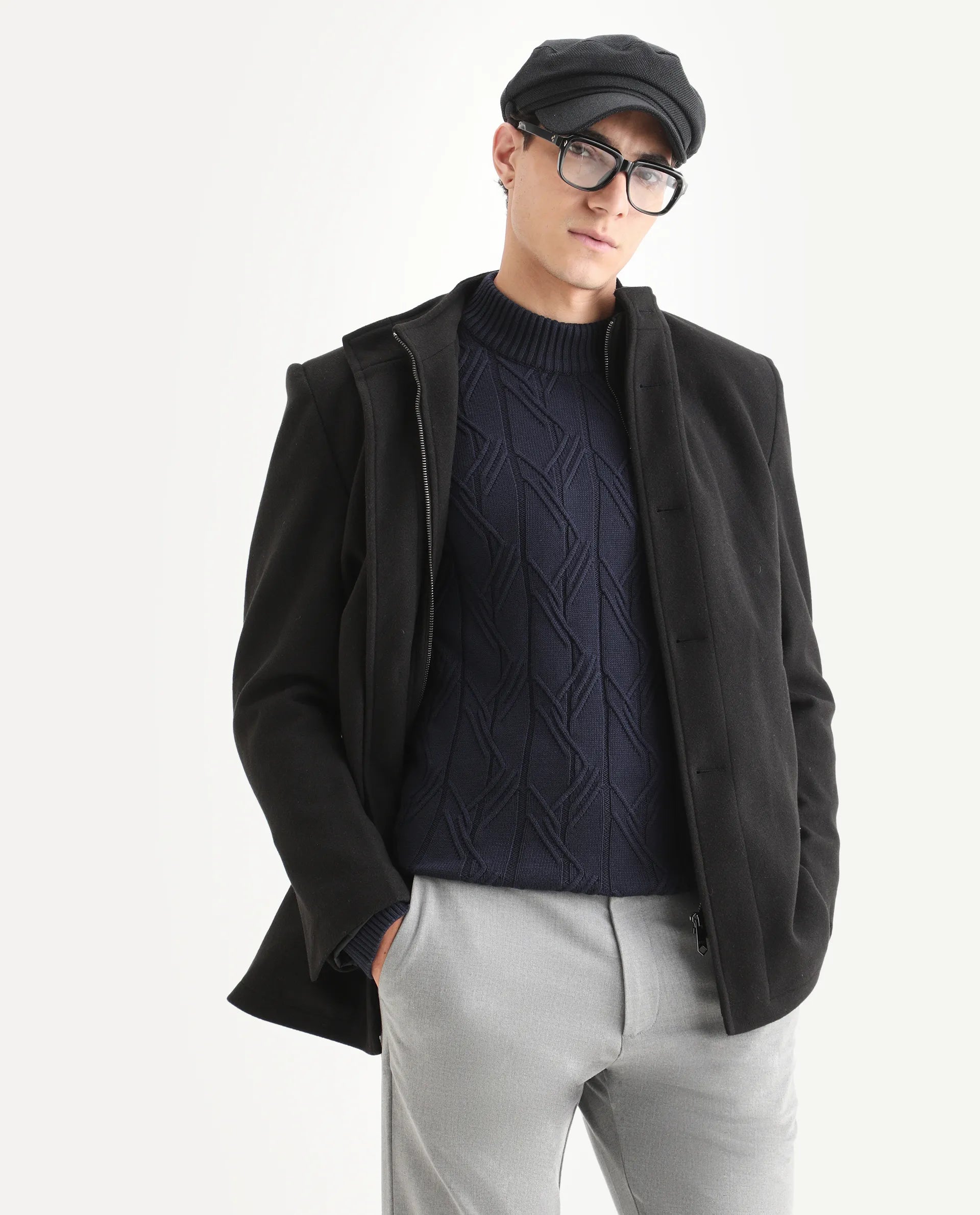 Rare Rabbit Men's Caloz Navy Cotton Textured Regular Fit Full Sleeve High Neck Sweater