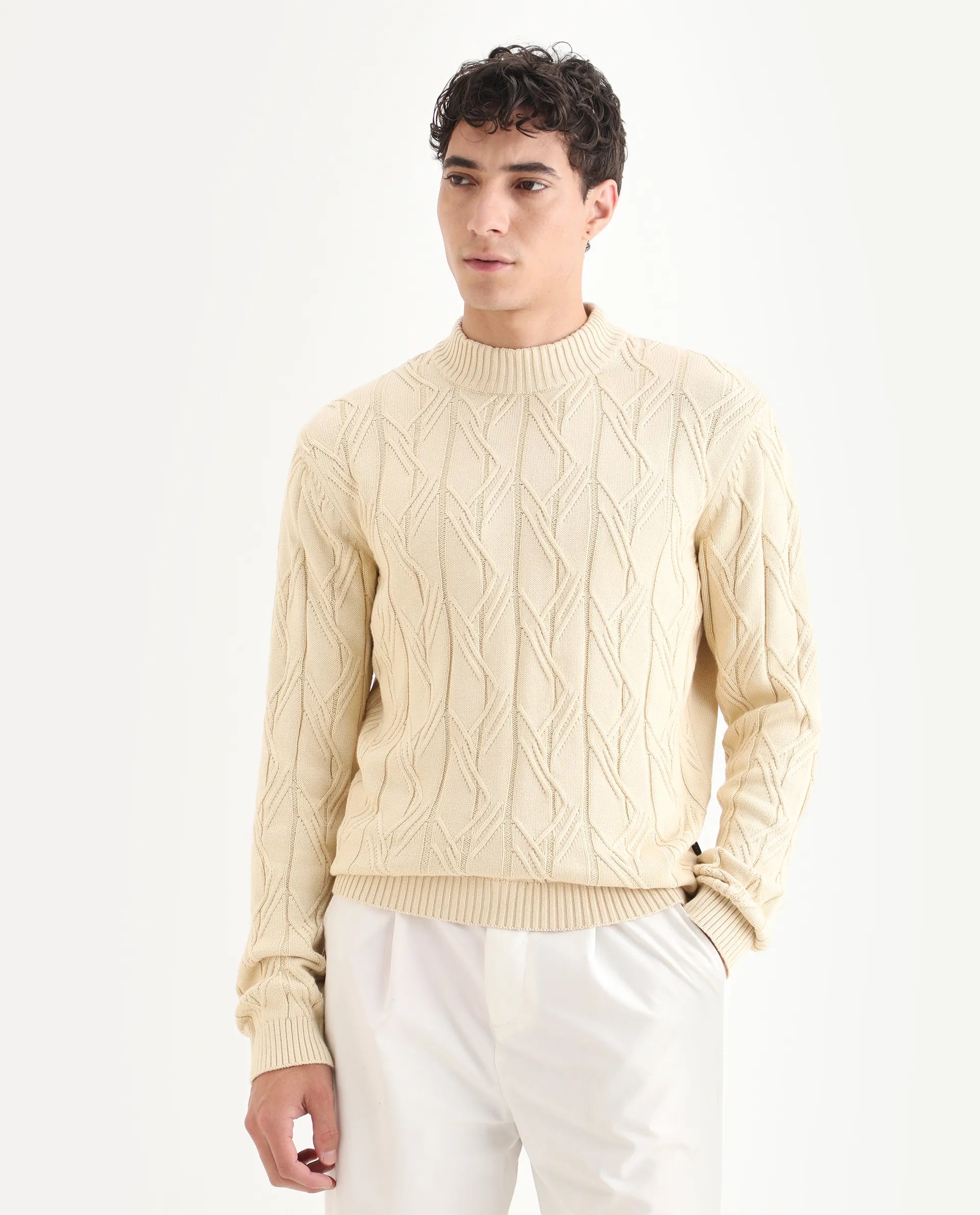 Rare Rabbit Men's Caloz Yellow Cotton Textured Regular Fit Full Sleeve High Neck Sweater