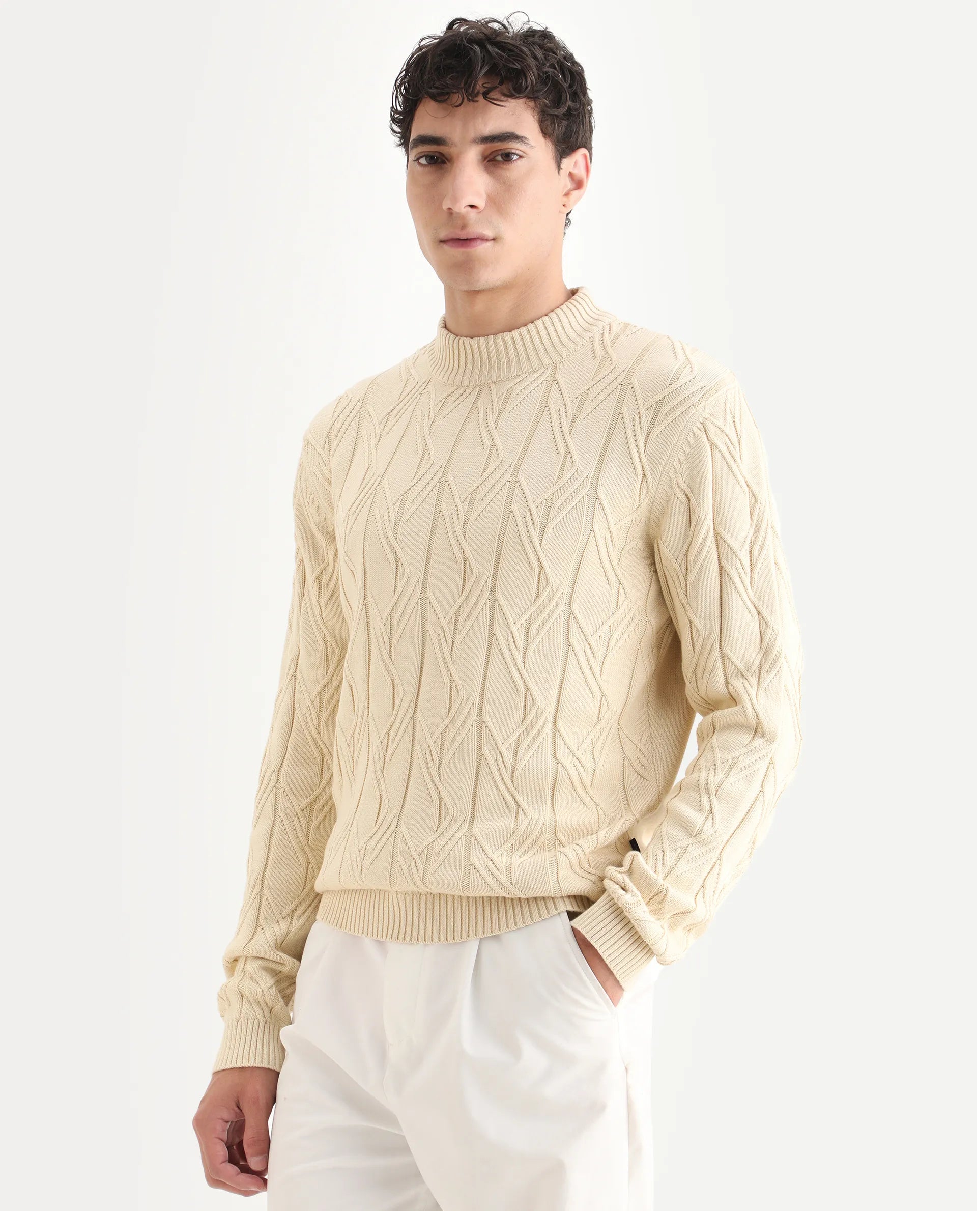 Rare Rabbit Men's Caloz Yellow Cotton Textured Regular Fit Full Sleeve High Neck Sweater