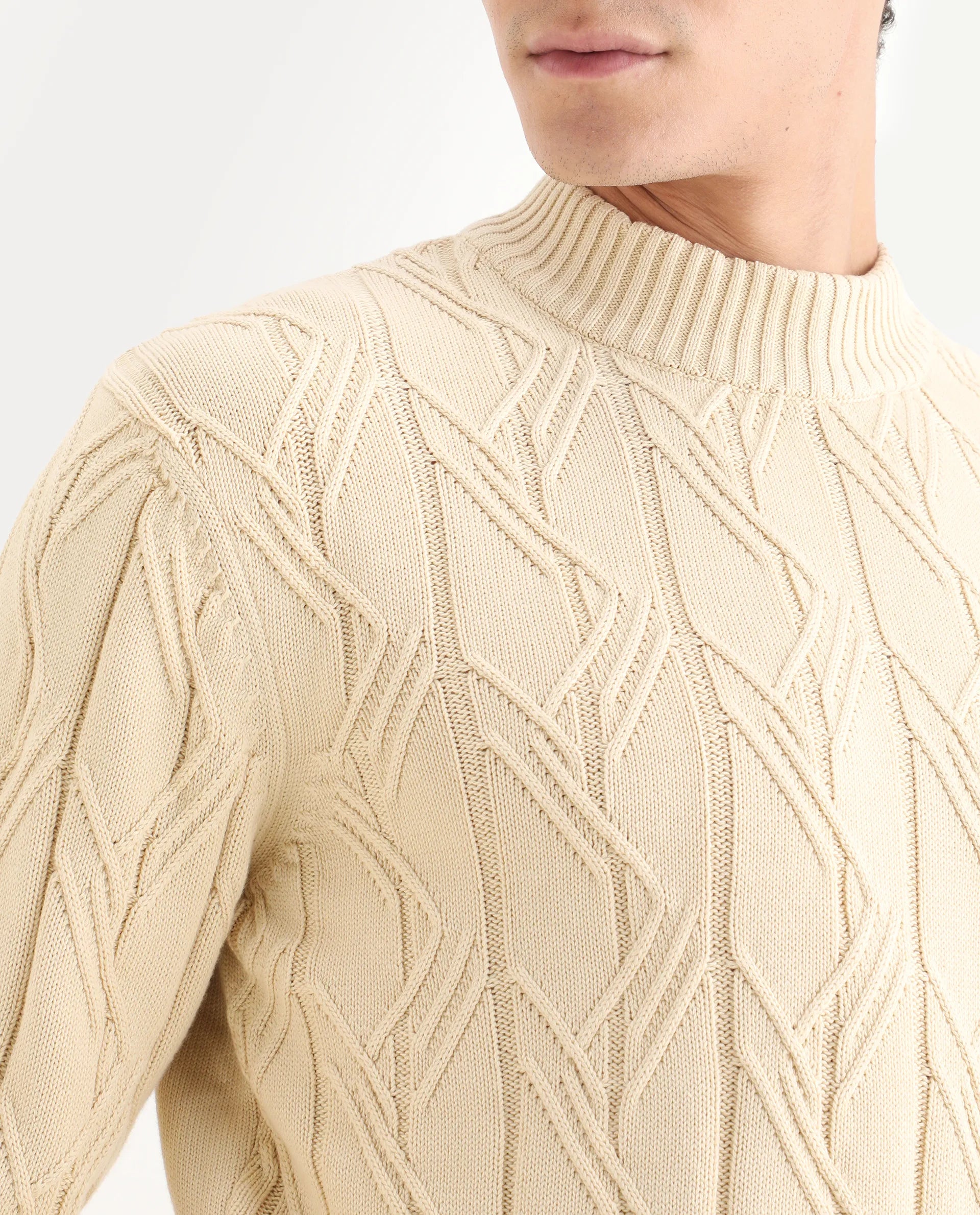 Rare Rabbit Men's Caloz Yellow Cotton Textured Regular Fit Full Sleeve High Neck Sweater