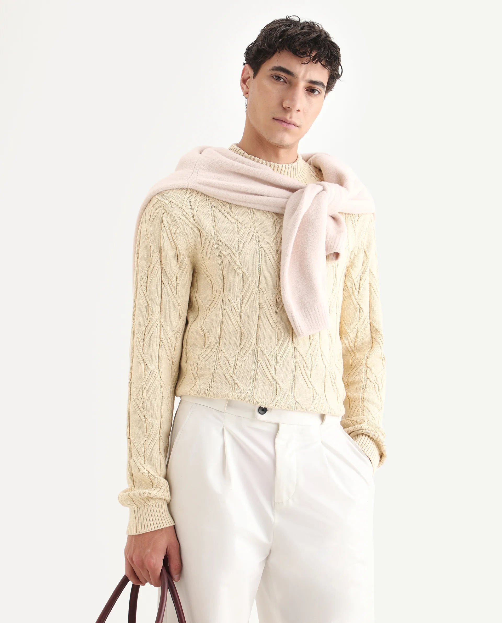 Rare Rabbit Men's Caloz Yellow Cotton Textured Regular Fit Full Sleeve High Neck Sweater