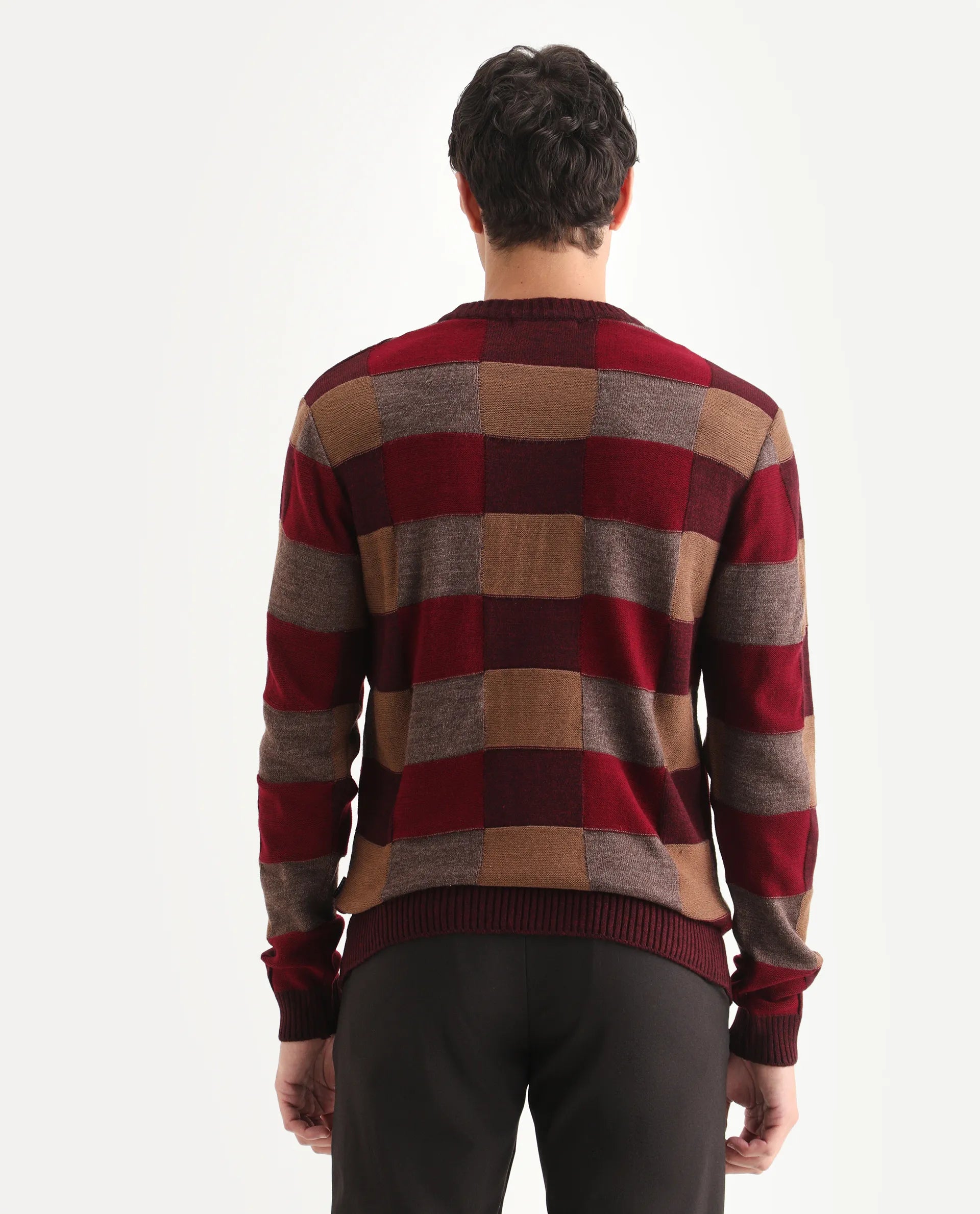 Rare Rabbit Men's Boaz Red Acrylic Jacquard Regular Fit Full Sleeve Crew Neck Sweater