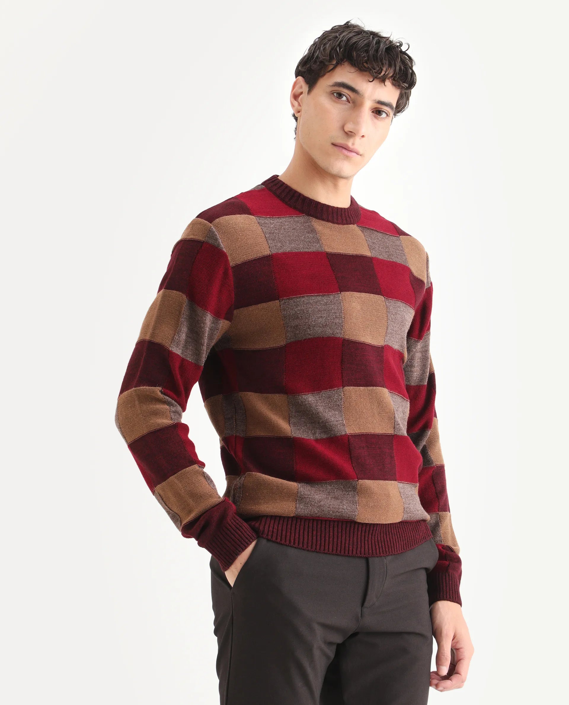 Rare Rabbit Men's Boaz Red Acrylic Jacquard Regular Fit Full Sleeve Crew Neck Sweater