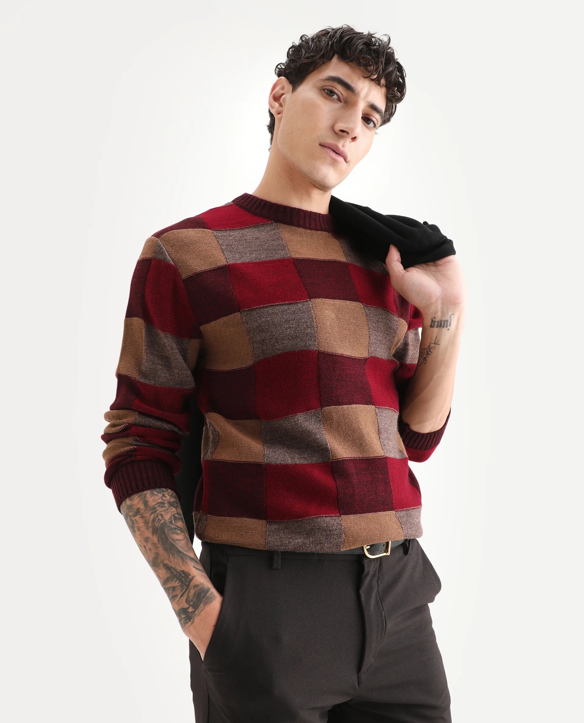 Rare Rabbit Men's Boaz Red Acrylic Jacquard Regular Fit Full Sleeve Crew Neck Sweater