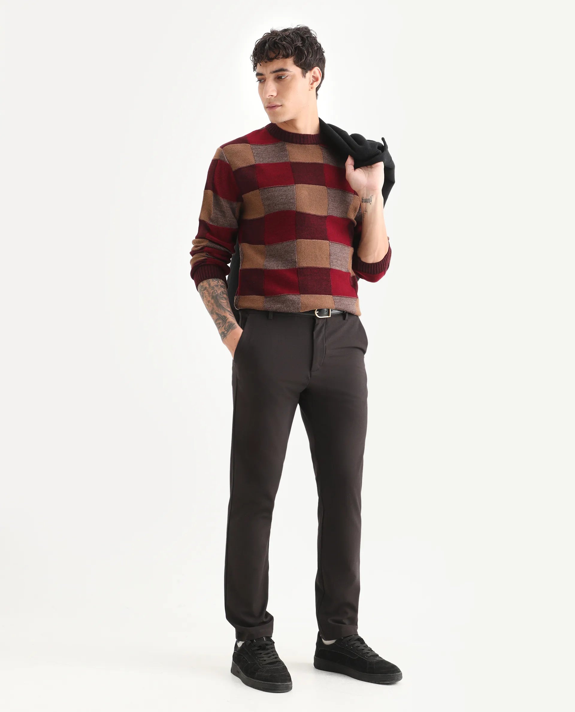 Rare Rabbit Men's Boaz Red Acrylic Jacquard Regular Fit Full Sleeve Crew Neck Sweater