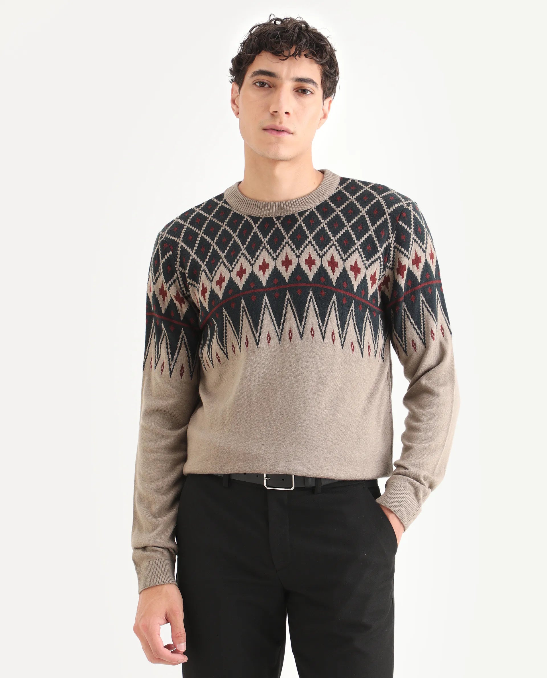 Rare Rabbit Men's Kezeck Light Brown Cotton Argyle Print Regular Fit Full Sleeve Crew Neck Sweater
