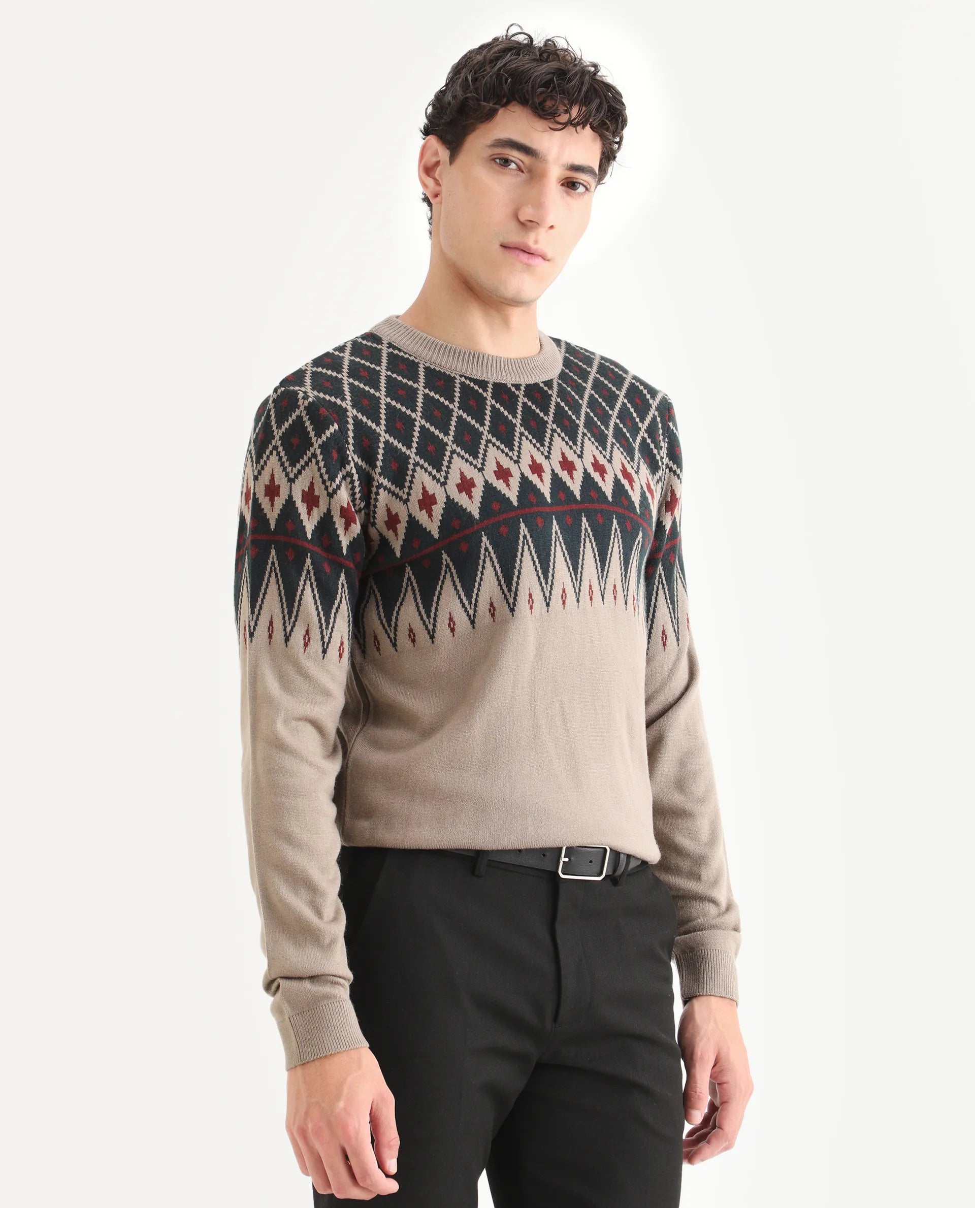 Rare Rabbit Men's Kezeck Light Brown Cotton Argyle Print Regular Fit Full Sleeve Crew Neck Sweater