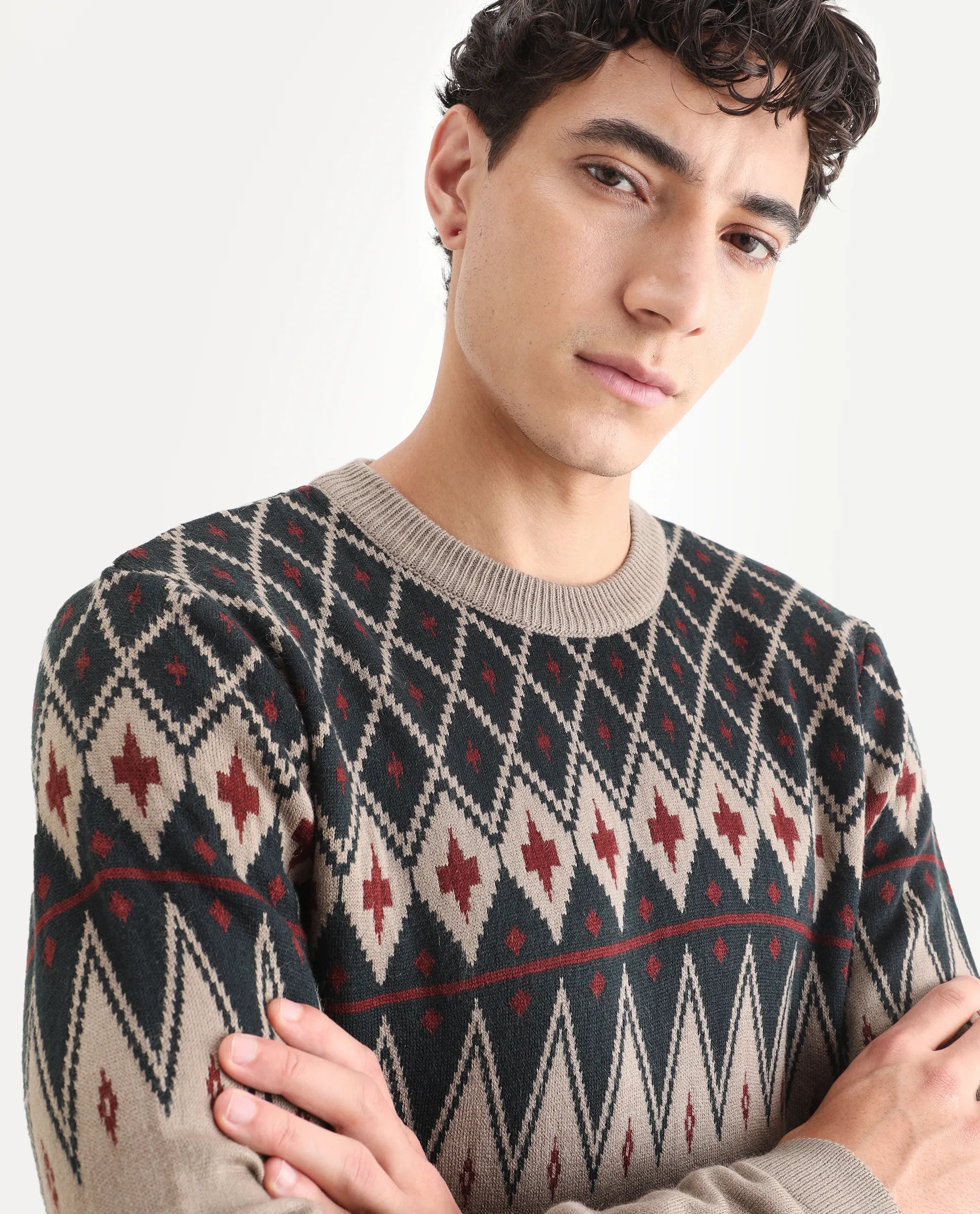 Rare Rabbit Men's Kezeck Light Brown Cotton Argyle Print Regular Fit Full Sleeve Crew Neck Sweater