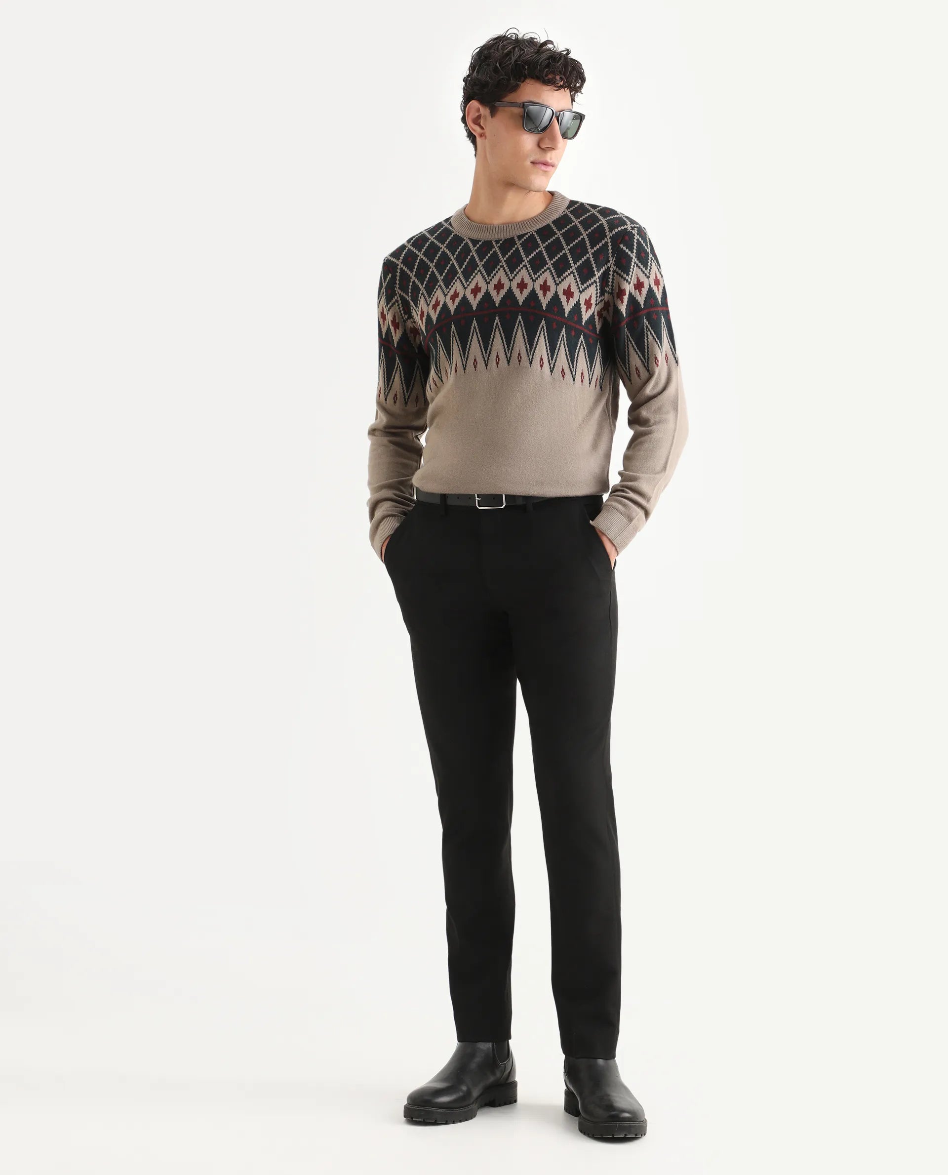 Rare Rabbit Men's Kezeck Light Brown Cotton Argyle Print Regular Fit Full Sleeve Crew Neck Sweater