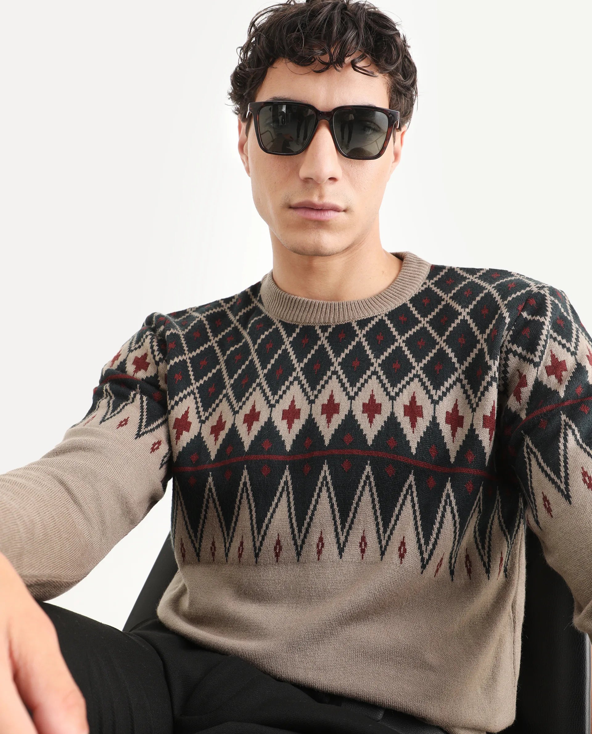 Rare Rabbit Men's Kezeck Light Brown Cotton Argyle Print Regular Fit Full Sleeve Crew Neck Sweater