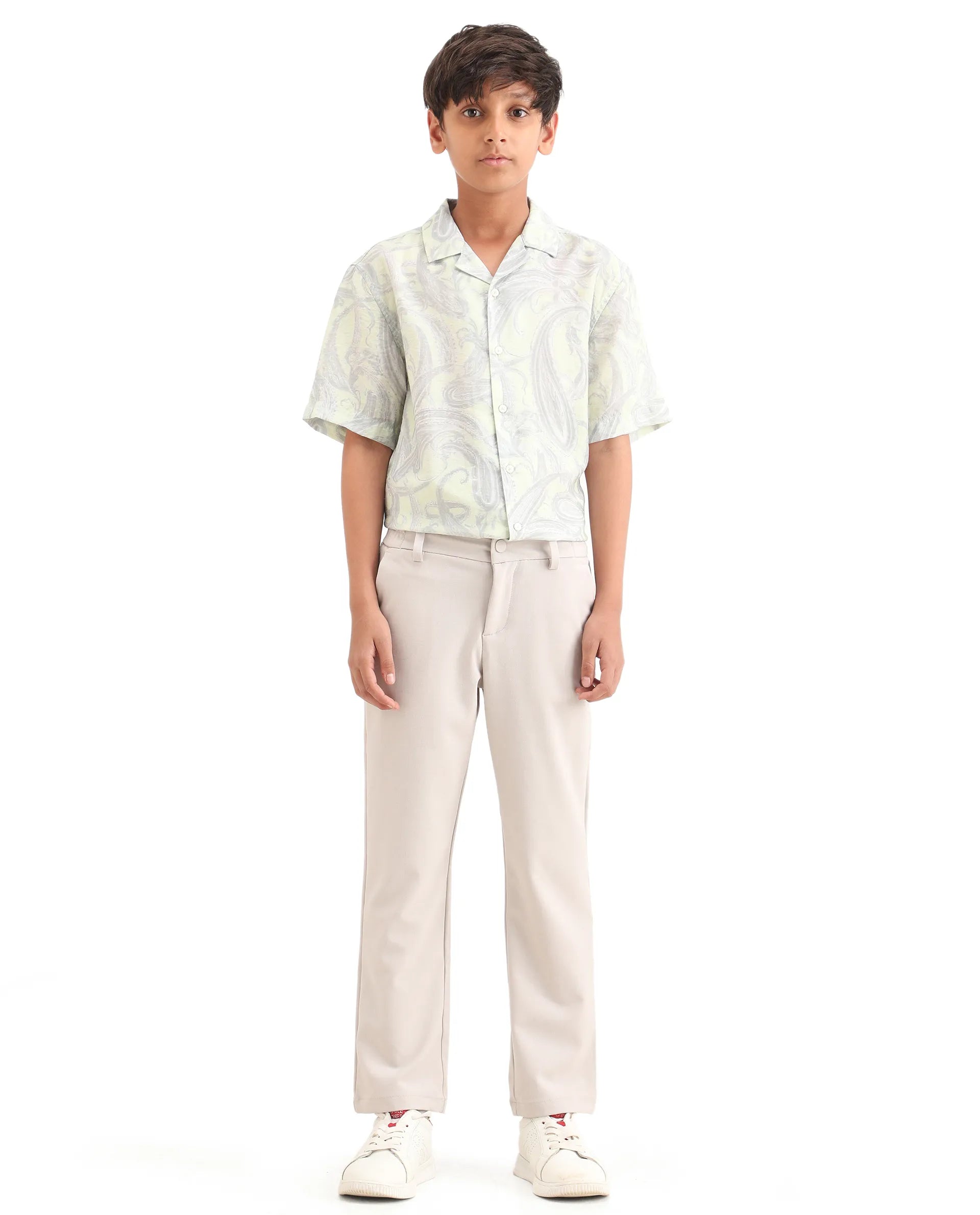 Rare Ones Kids Travo Light Beige Polyester Blend Button And Zipper Closure Plain Regular Fit Trouser