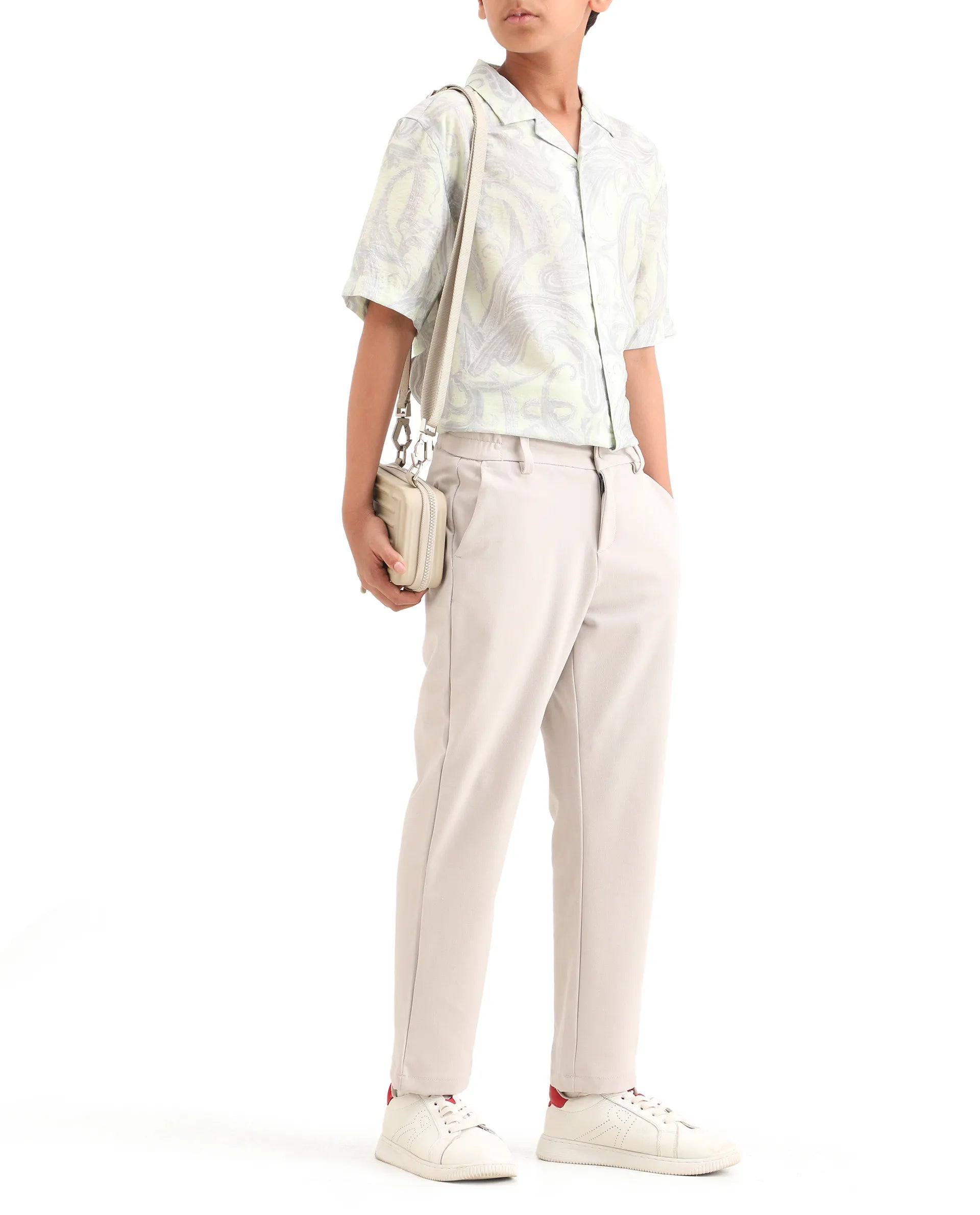 Rare Ones Kids Travo Light Beige Polyester Blend Button And Zipper Closure Plain Regular Fit Trouser