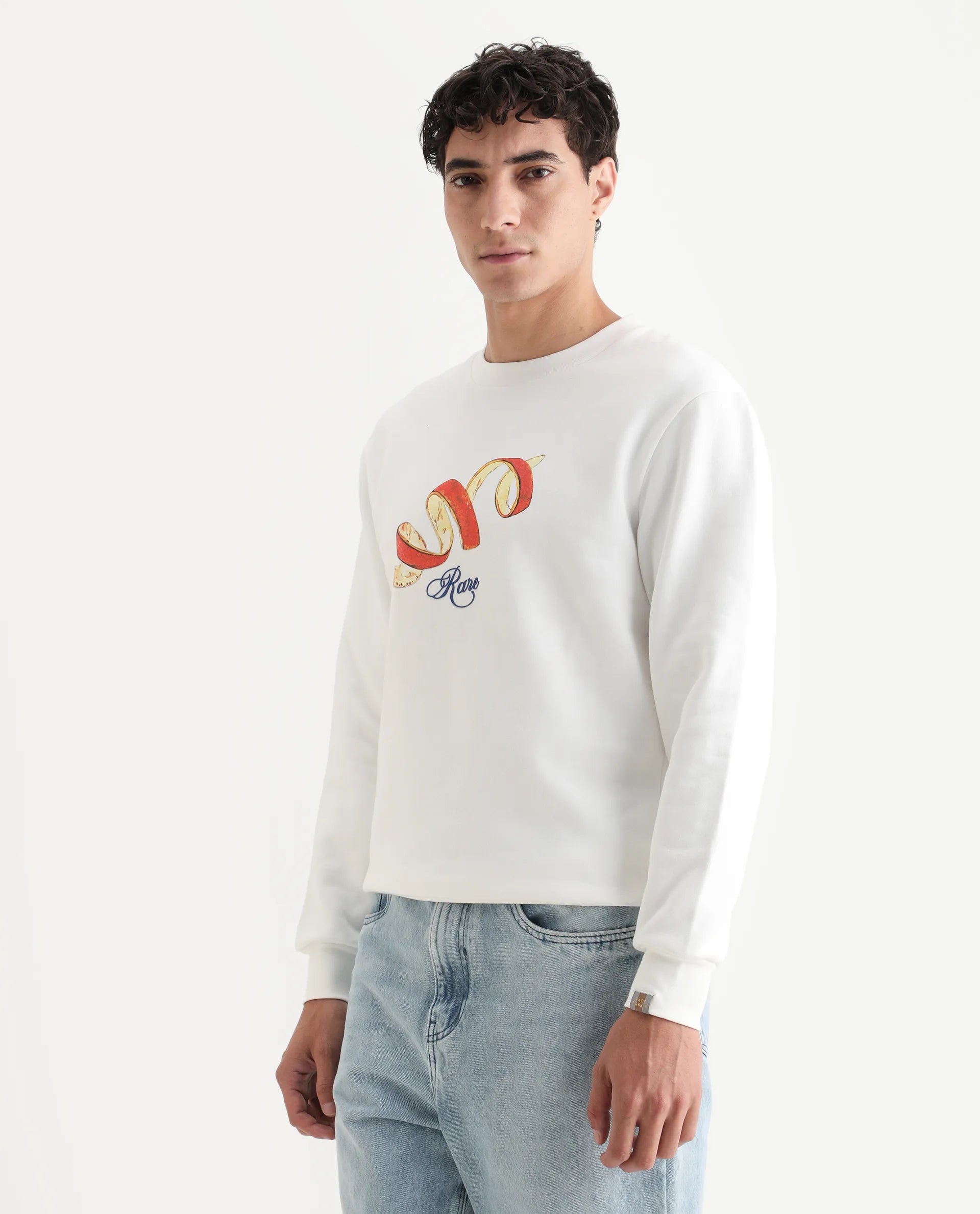 Rare Rabbit Men's Pend White Cotton Graphic Print Boxy Fit Full Sleeve Crew Neck Sweatshirt