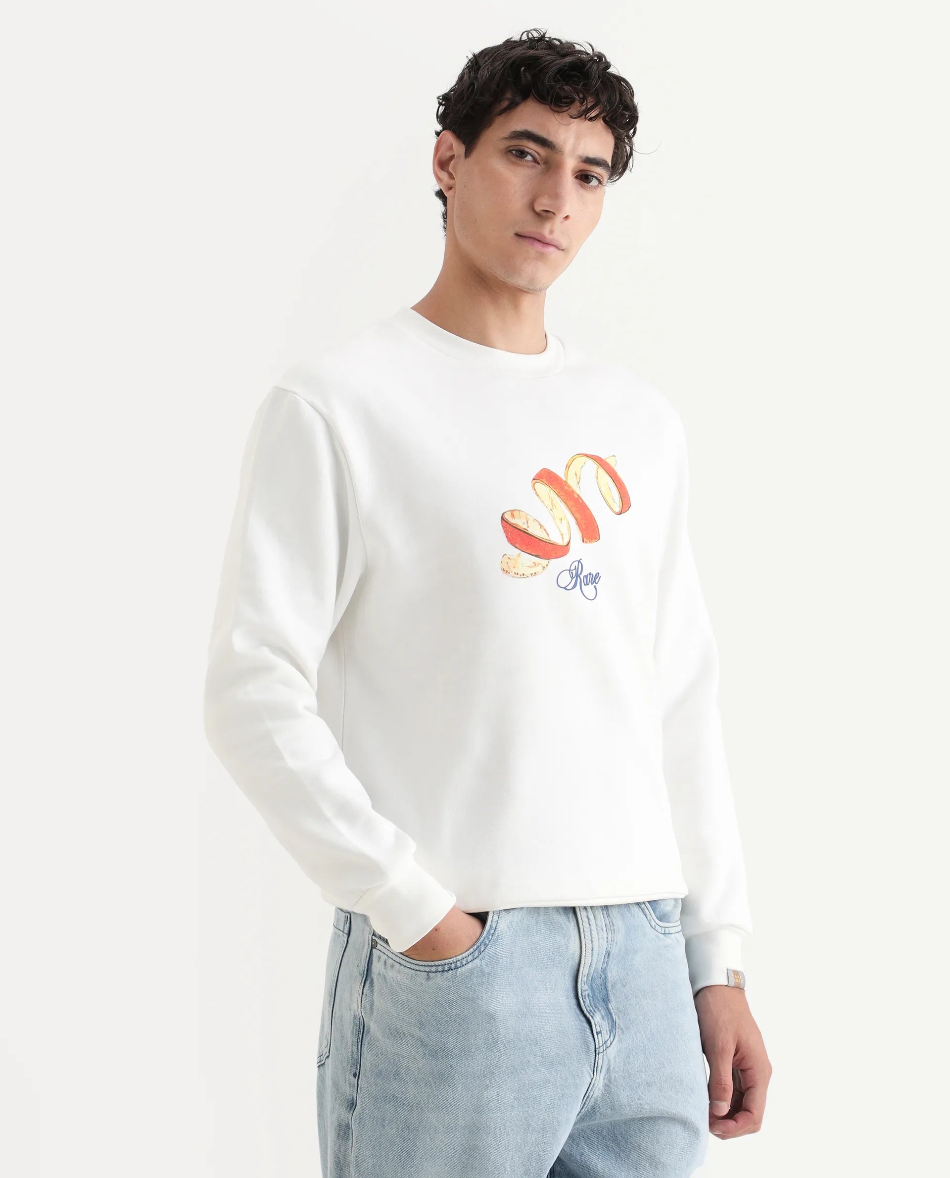 Rare Rabbit Men's Pend White Cotton Graphic Print Boxy Fit Full Sleeve Crew Neck Sweatshirt