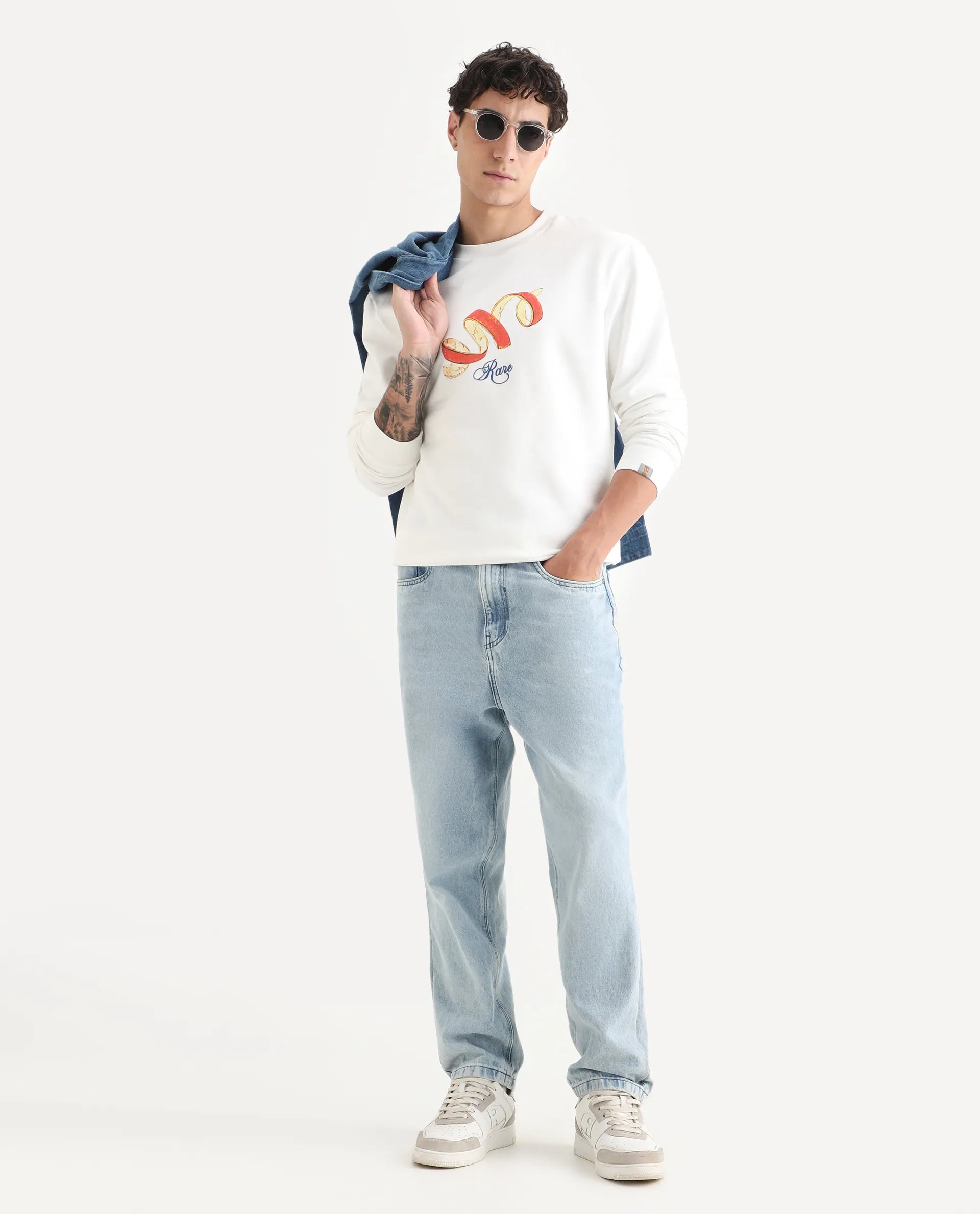 Rare Rabbit Men's Pend White Cotton Graphic Print Boxy Fit Full Sleeve Crew Neck Sweatshirt