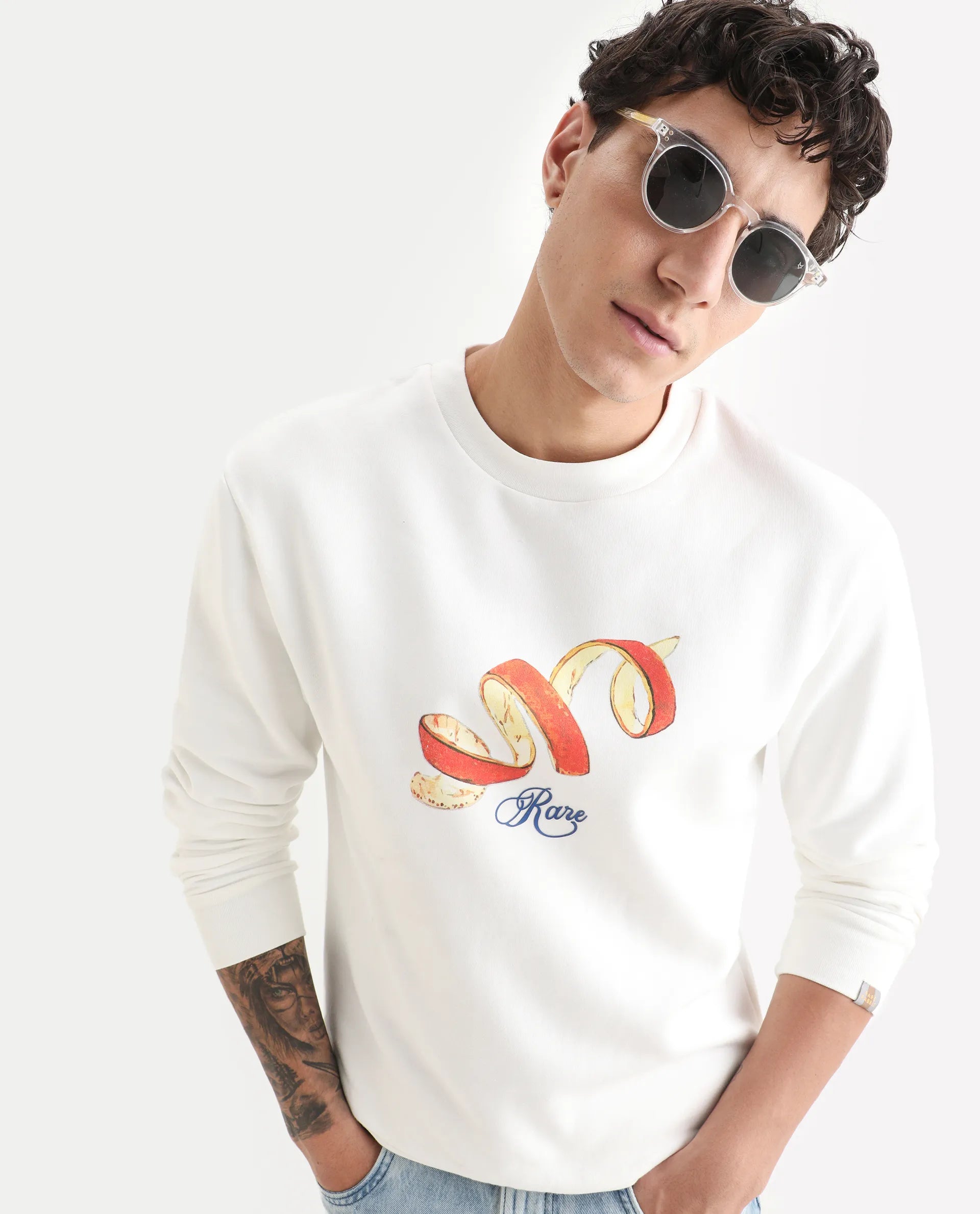 Rare Rabbit Men's Pend White Cotton Graphic Print Boxy Fit Full Sleeve Crew Neck Sweatshirt