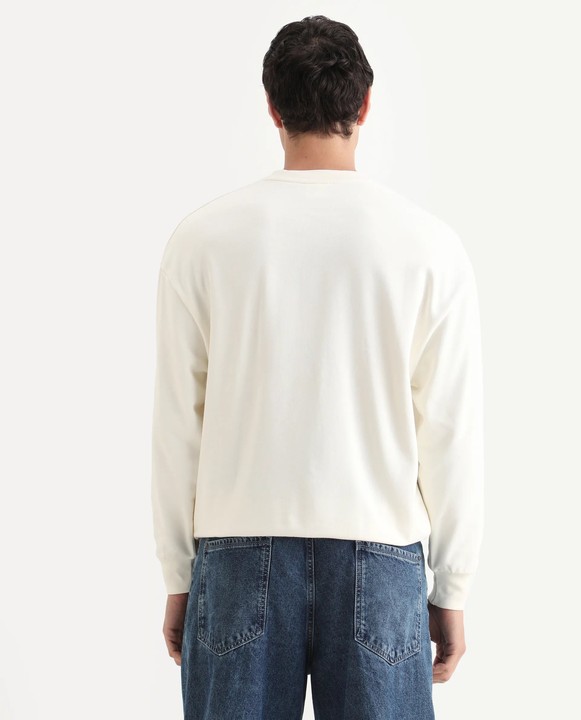 Rare Rabbit Men's Fint Off White Cotton Blend Graphic Print Boxy Fit Full Sleeve Crew Neck Sweatshirt