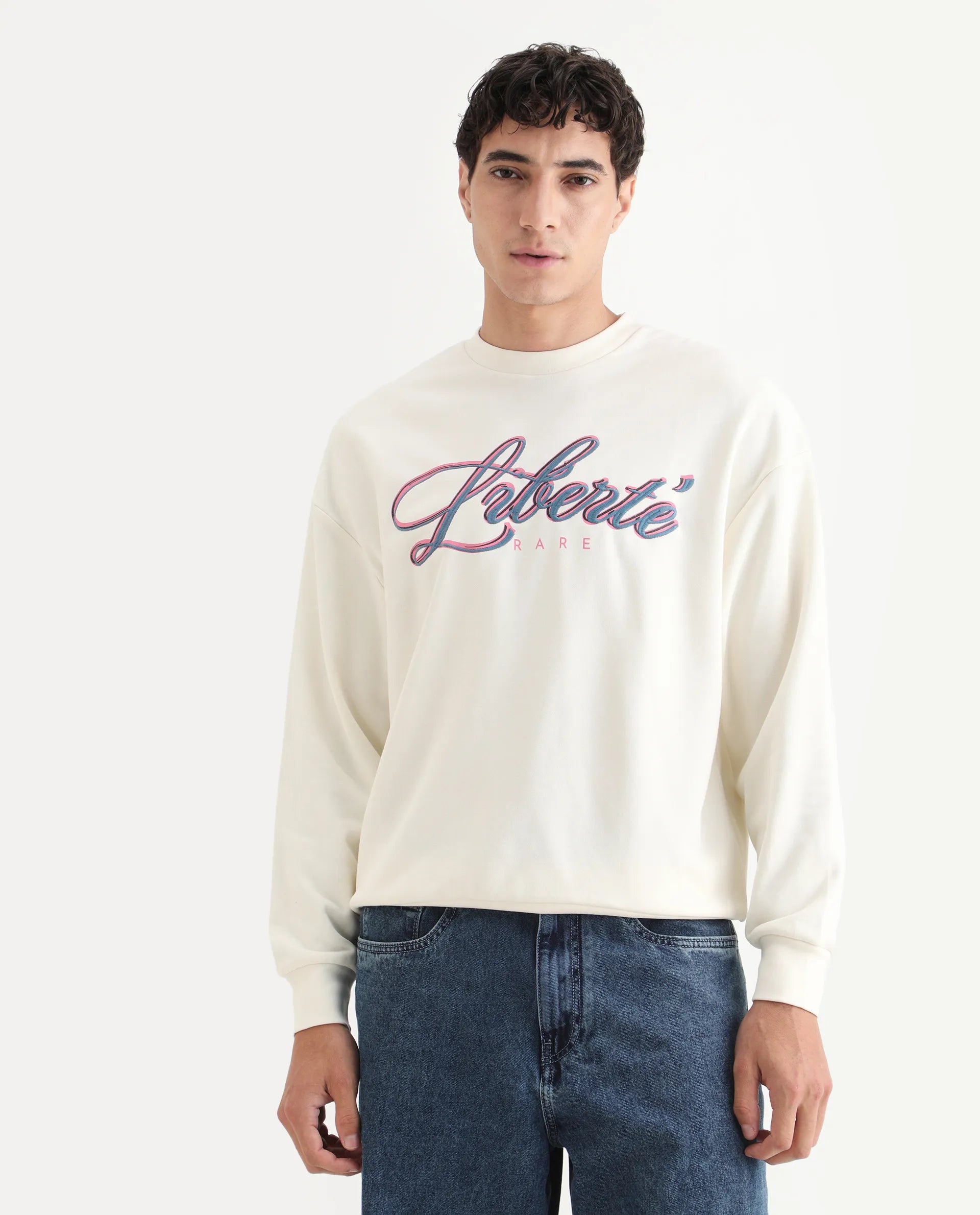 Rare Rabbit Men's Fint Off White Cotton Blend Graphic Print Boxy Fit Full Sleeve Crew Neck Sweatshirt