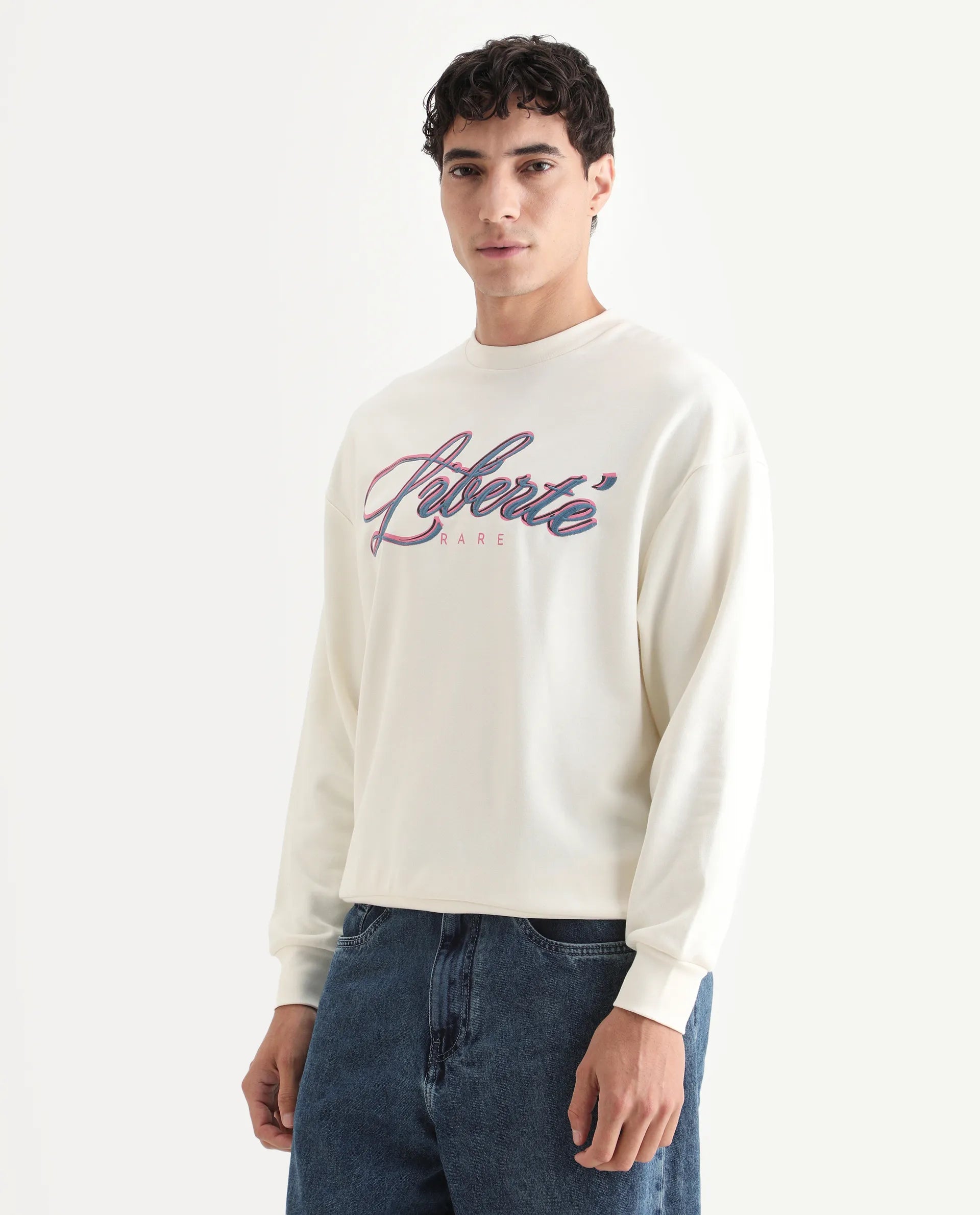 Rare Rabbit Men's Fint Off White Cotton Blend Graphic Print Boxy Fit Full Sleeve Crew Neck Sweatshirt