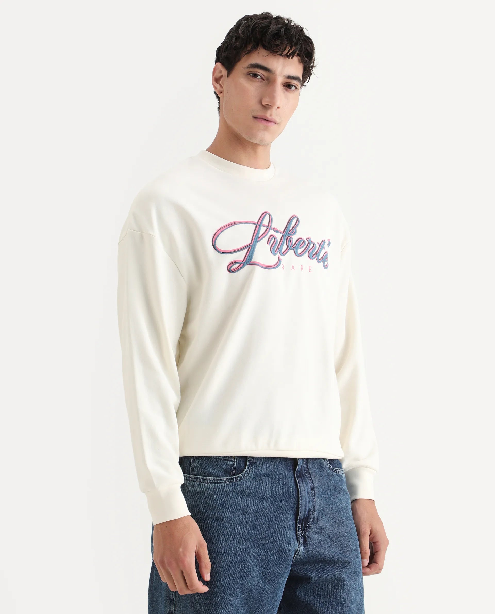 Rare Rabbit Men's Fint Off White Cotton Blend Graphic Print Boxy Fit Full Sleeve Crew Neck Sweatshirt