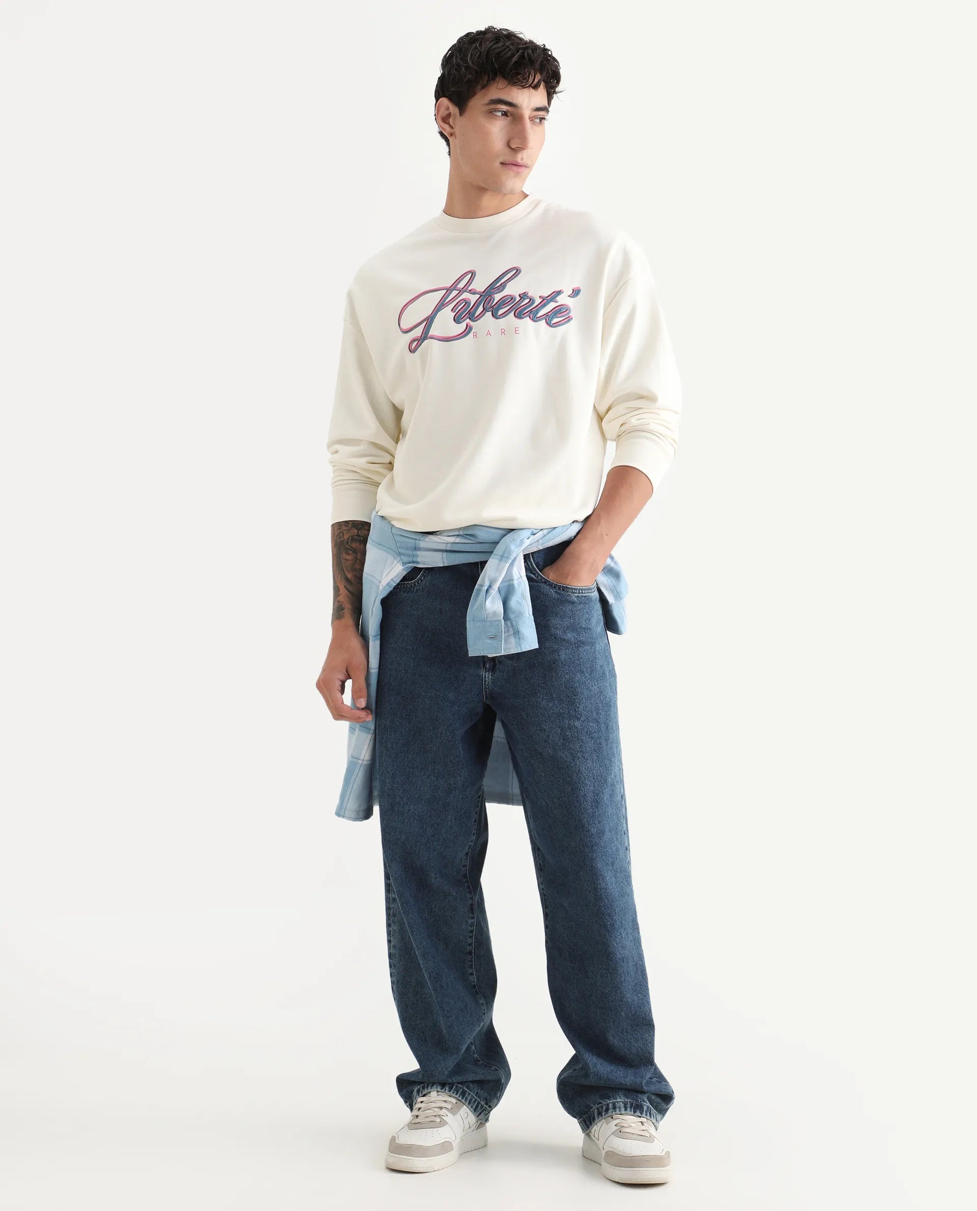 Rare Rabbit Men's Fint Off White Cotton Blend Graphic Print Boxy Fit Full Sleeve Crew Neck Sweatshirt