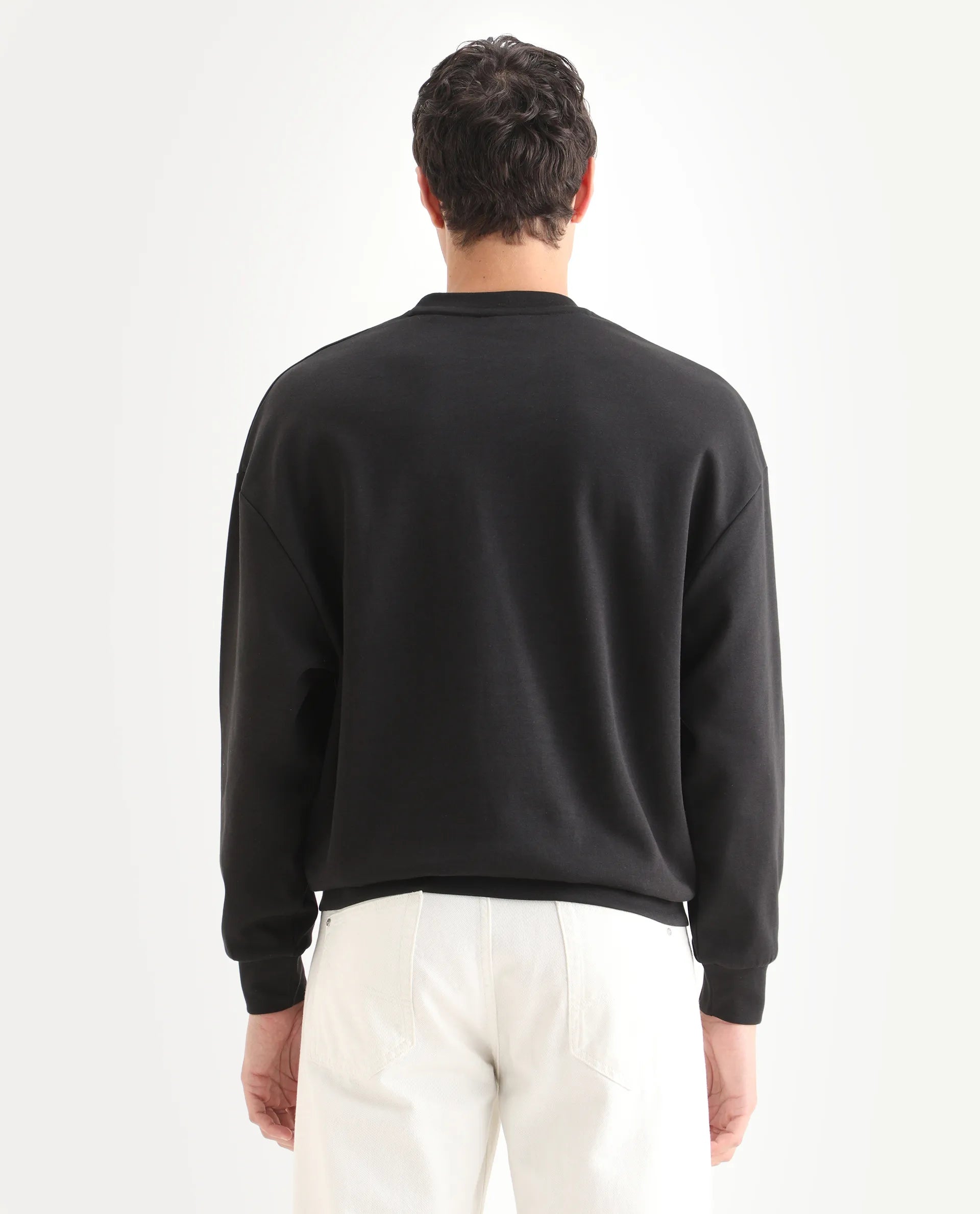 Rare Rabbit Men's Ricot Black Cotton Blend Typography Print Boxy Fit Full Sleeve Crew Neck Sweatshirt