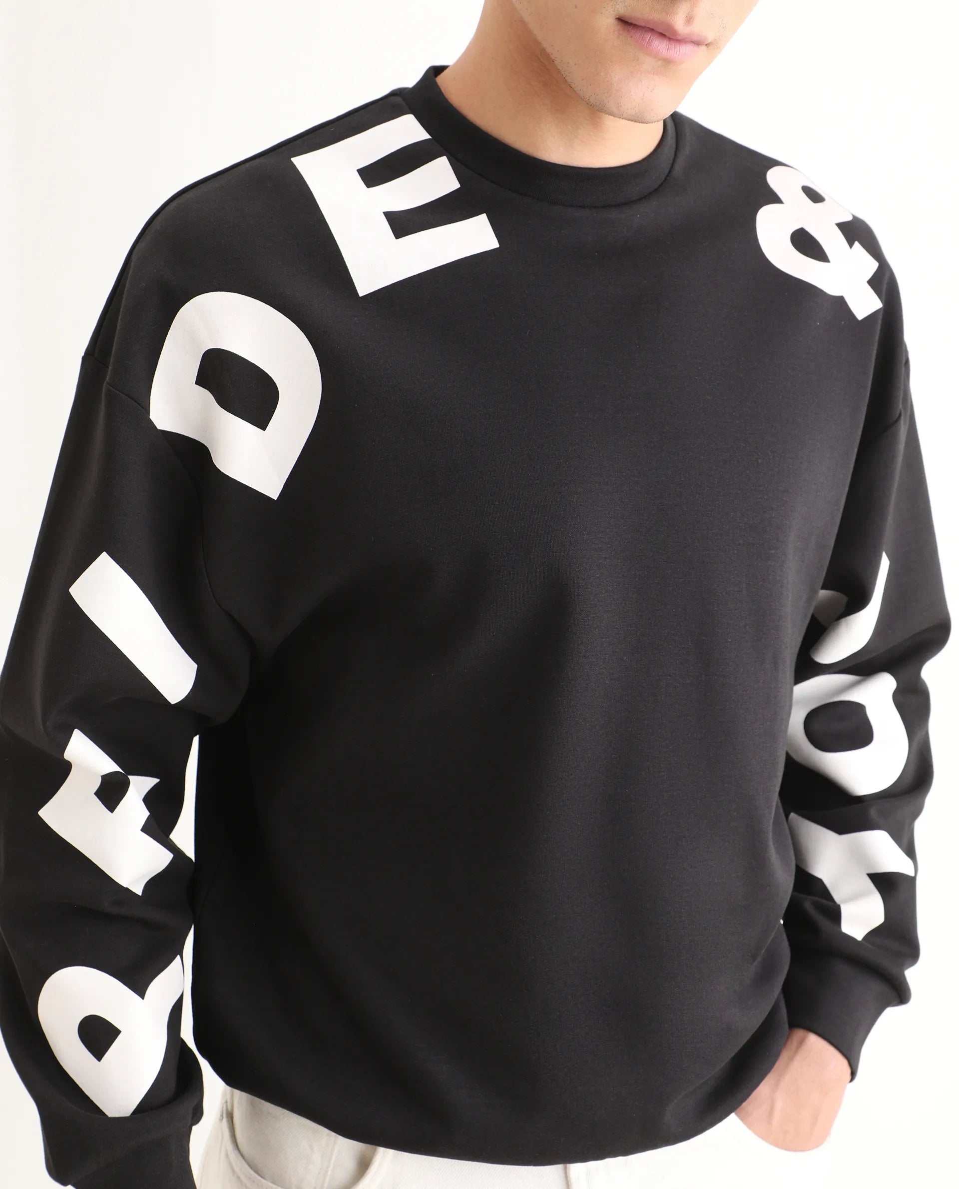 Rare Rabbit Men's Ricot Black Cotton Blend Typography Print Boxy Fit Full Sleeve Crew Neck Sweatshirt