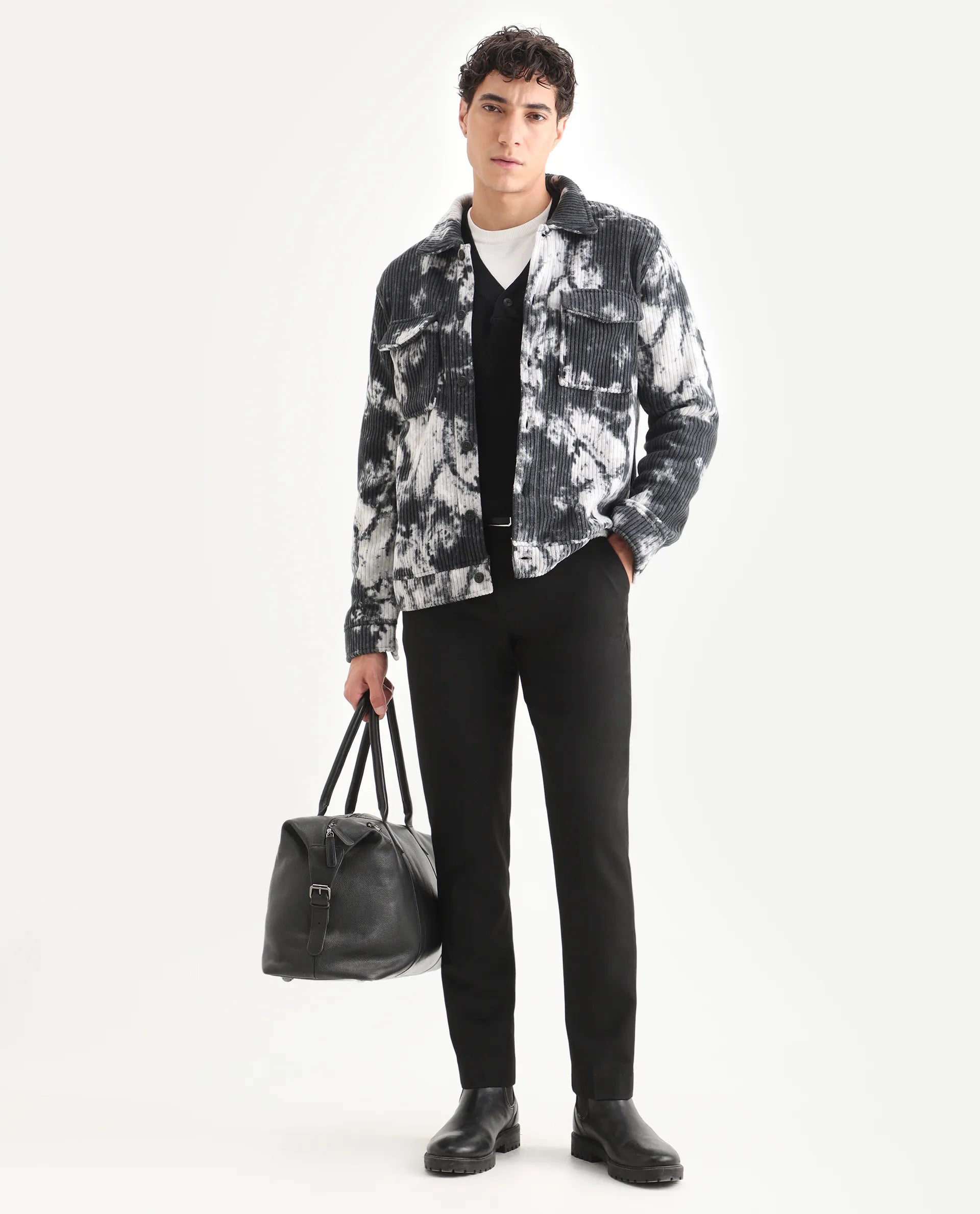 Rare Rabbit Men's Saurv Black Polyester Printed Regular Fit Full Sleeve Spread Collar Jacket