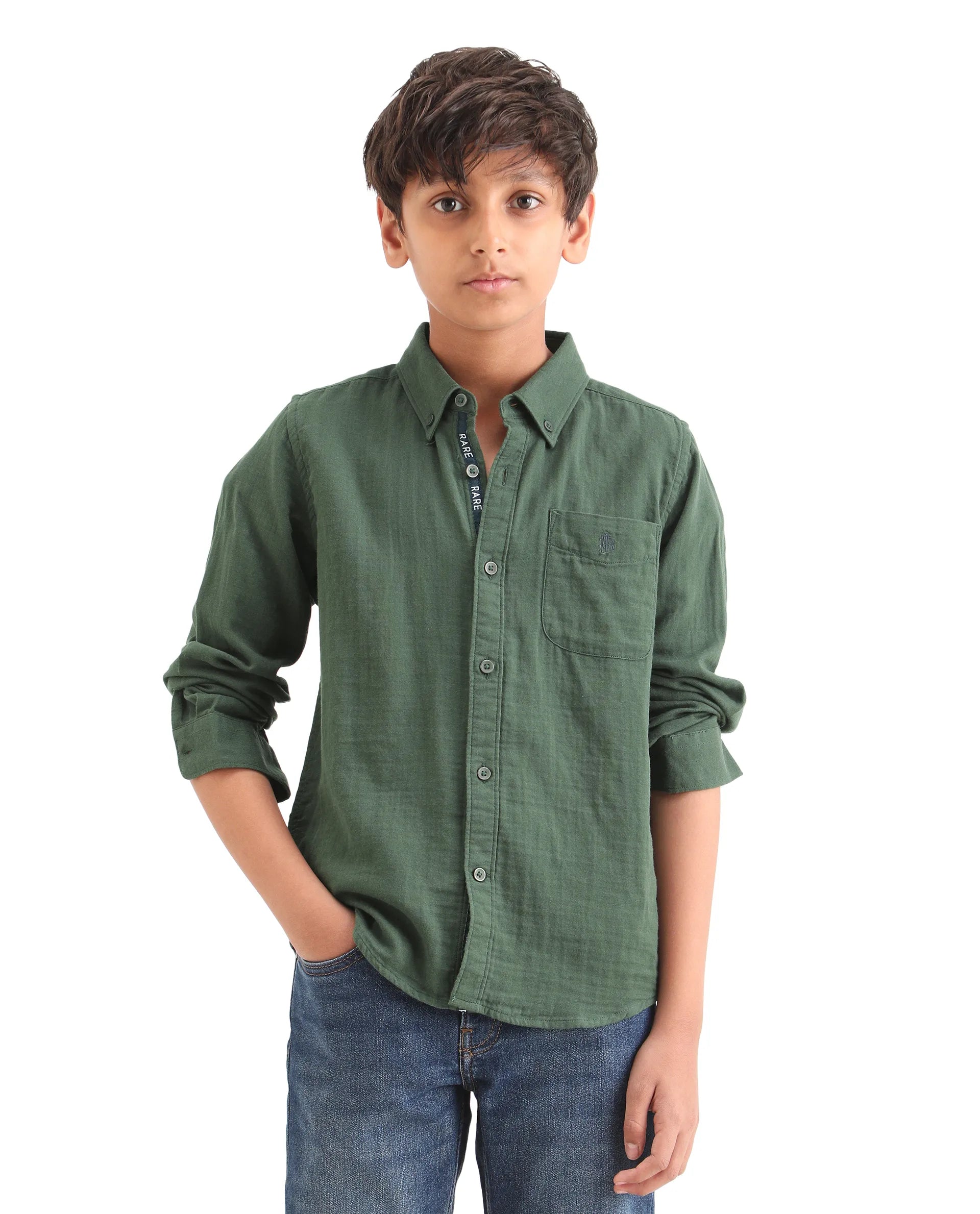 Rare Ones Kids Layerr Ls-K Dusky Green Cotton Full Sleeve Spread Collar Solid Shirt