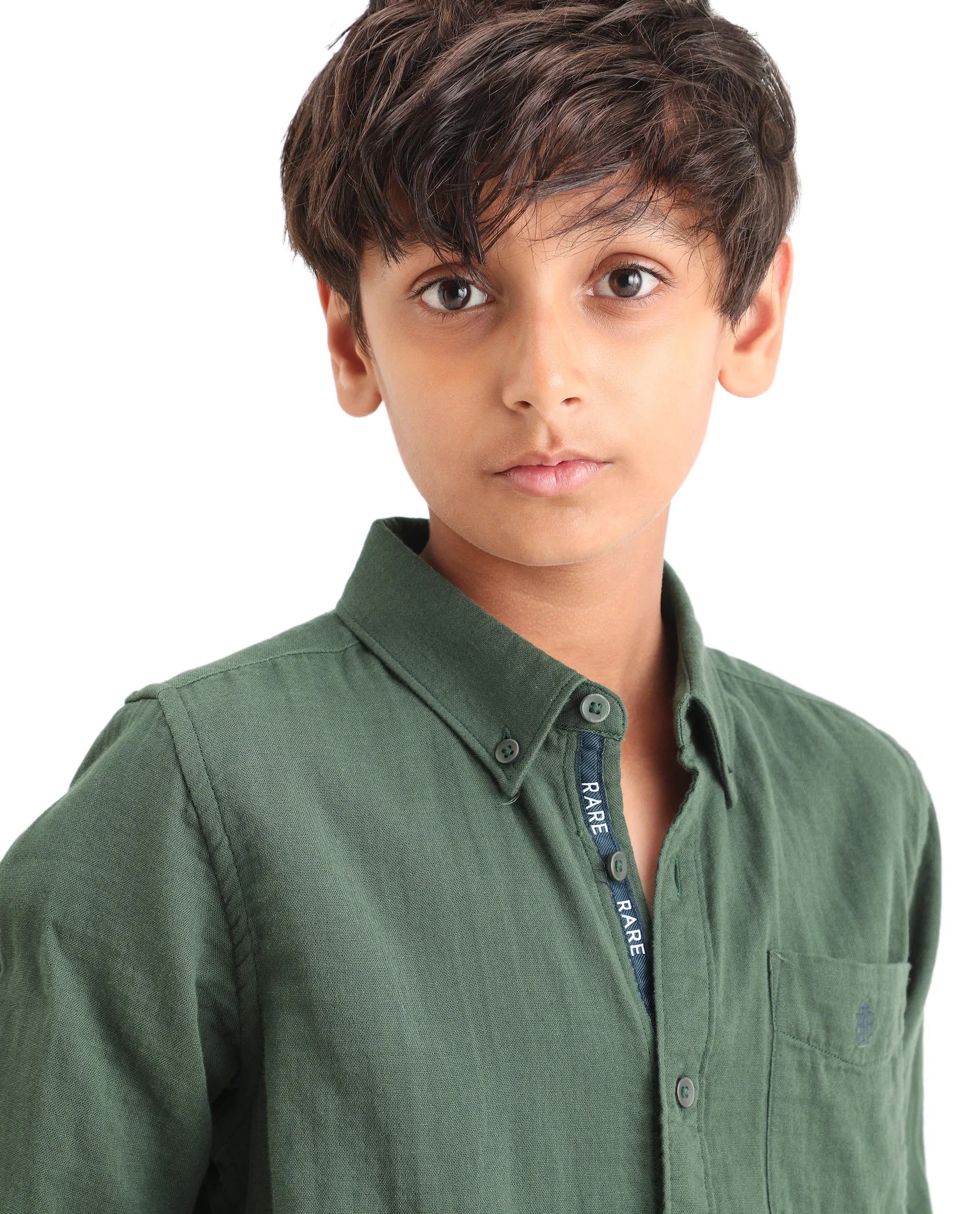 Rare Ones Kids Layerr Ls-K Dusky Green Cotton Full Sleeve Spread Collar Solid Shirt