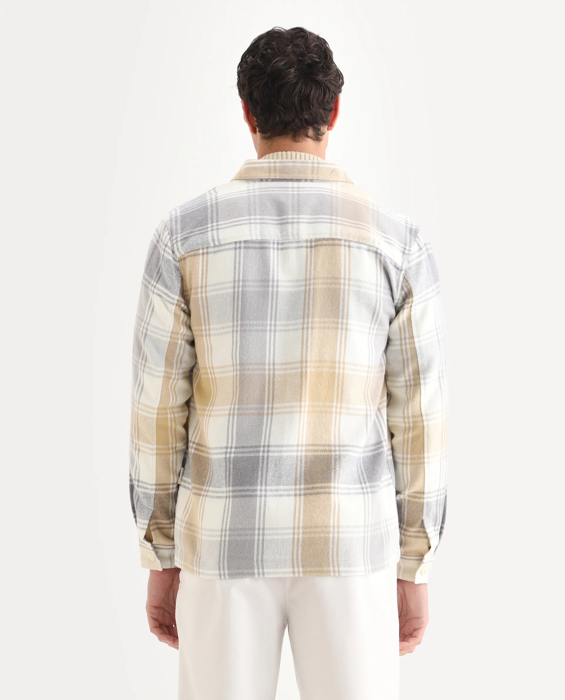 Rare Rabbit Men's Netsk Beige Acrylic Blend Checked Print Regular Fit Full Sleeve Collared Shacket