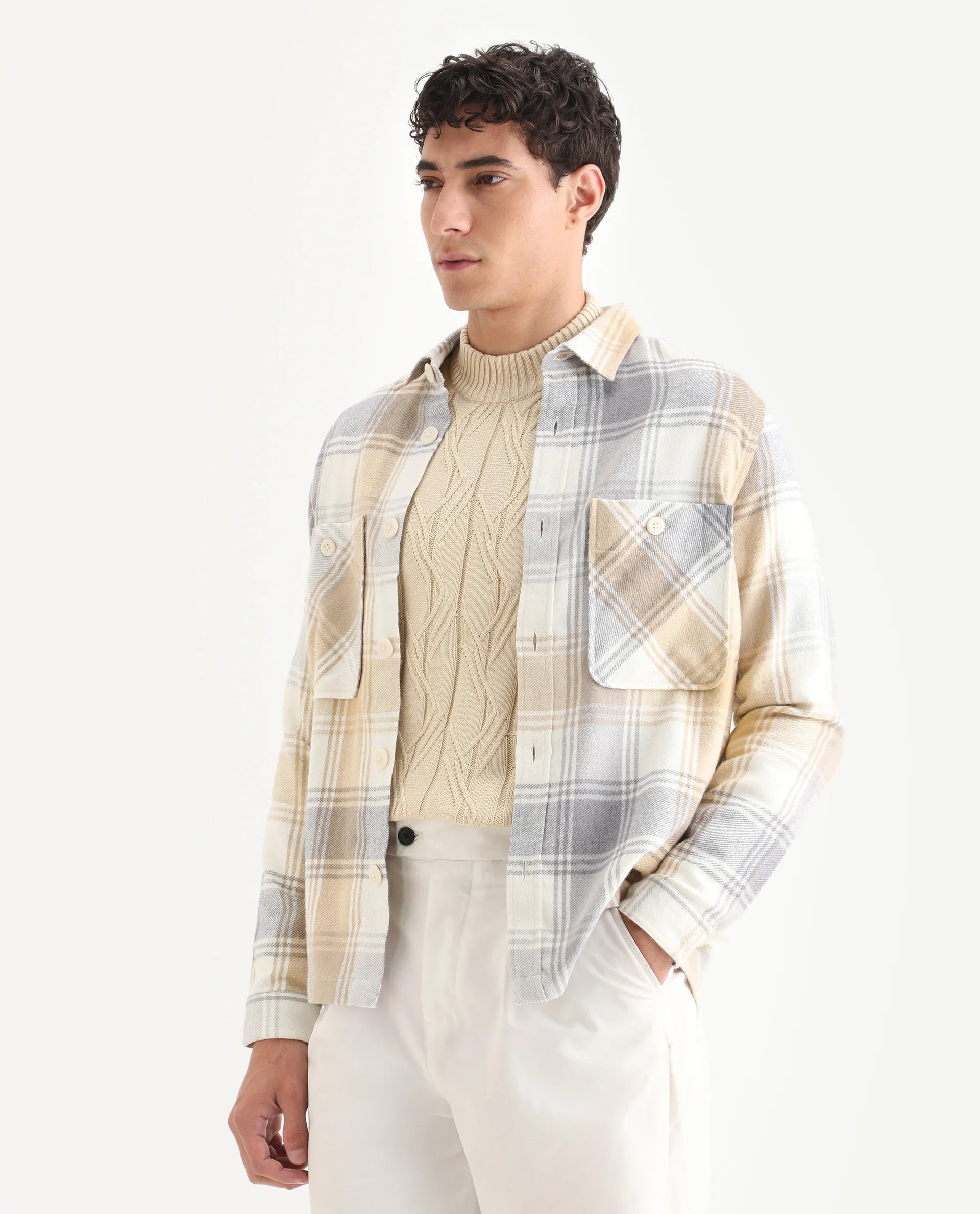 Rare Rabbit Men's Netsk Beige Acrylic Blend Checked Print Regular Fit Full Sleeve Collared Shacket