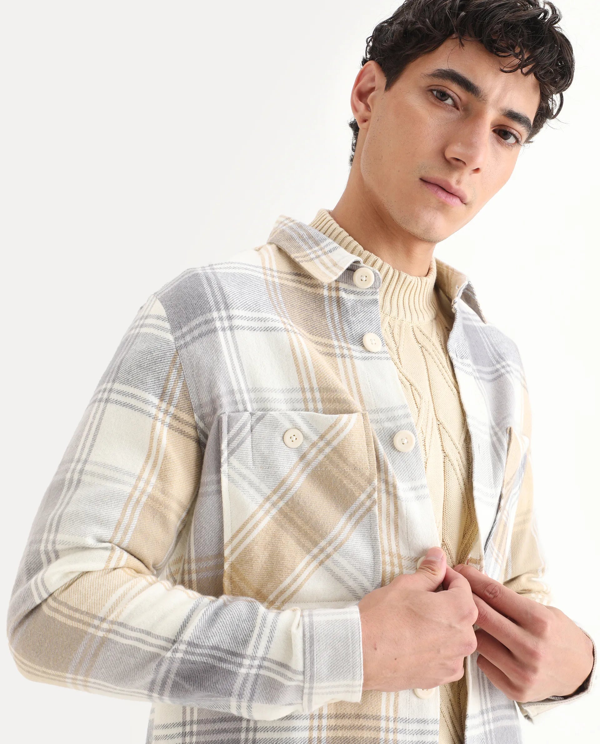 Rare Rabbit Men's Netsk Beige Acrylic Blend Checked Print Regular Fit Full Sleeve Collared Shacket