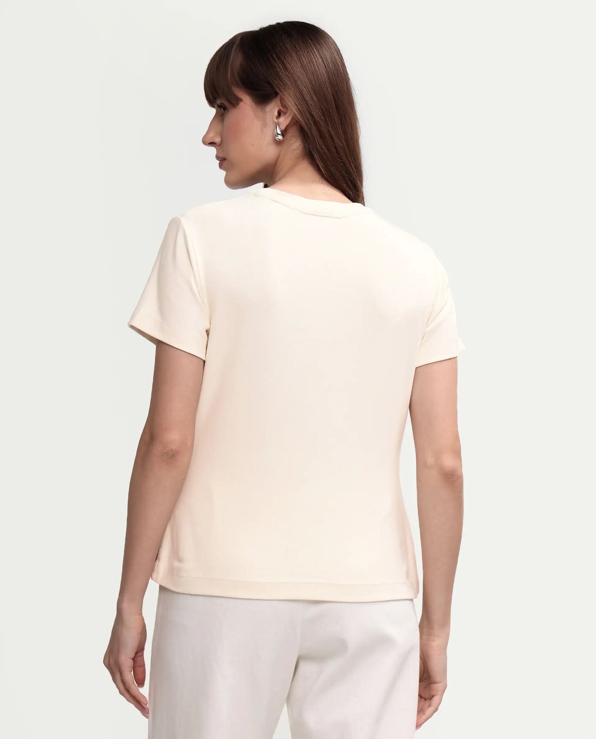 Rareism Women's Prel White Cotton Blend Crew Neck Plain Relaxed Fit T-Shirt