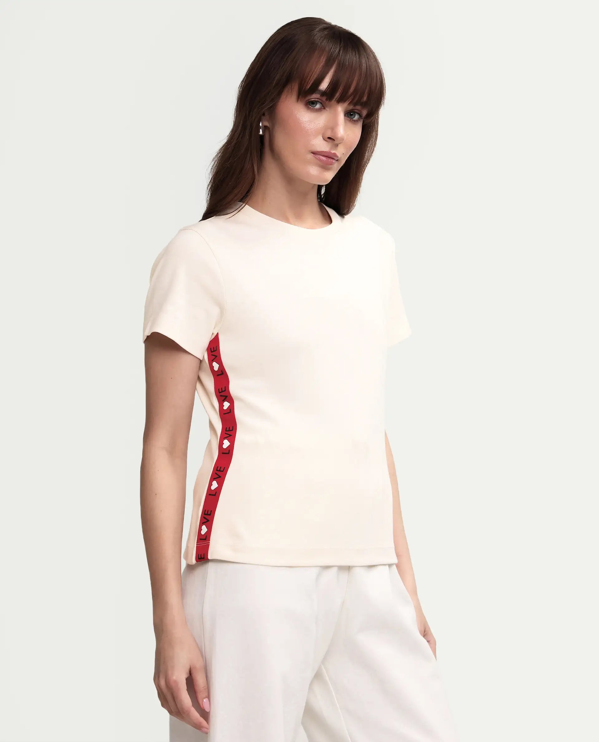 Rareism Women's Prel White Cotton Blend Crew Neck Plain Relaxed Fit T-Shirt
