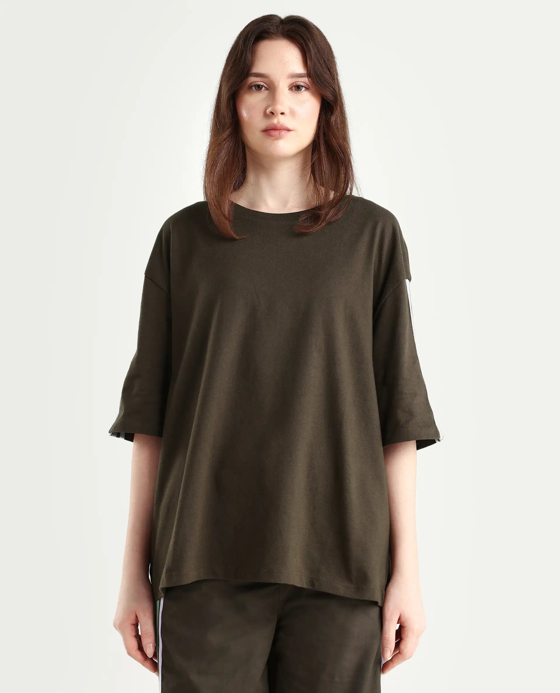 Rareism Women's Nonwen T Brown Polyester Blend Crew Neck Striped Oversized T-Shirt