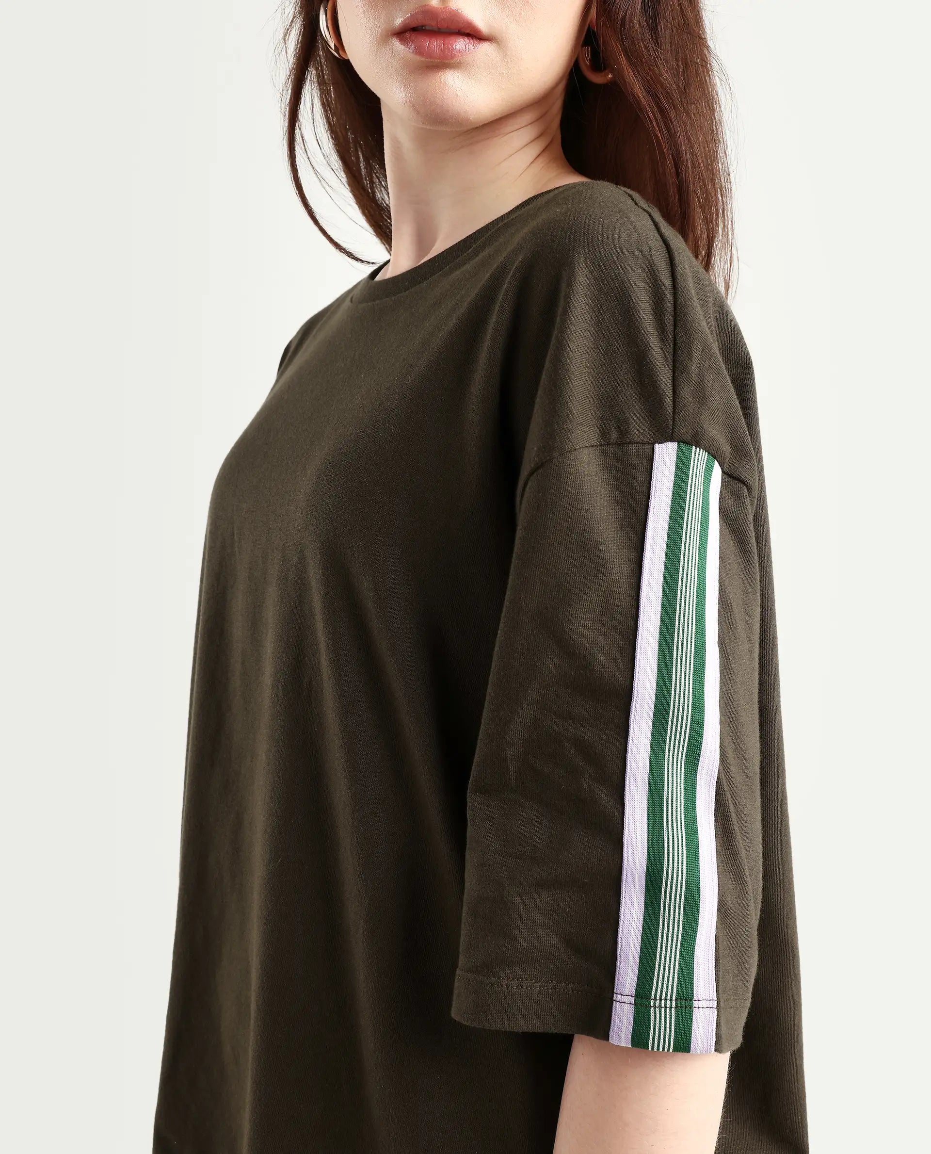 Rareism Women's Nonwen T Brown Polyester Blend Crew Neck Striped Oversized T-Shirt