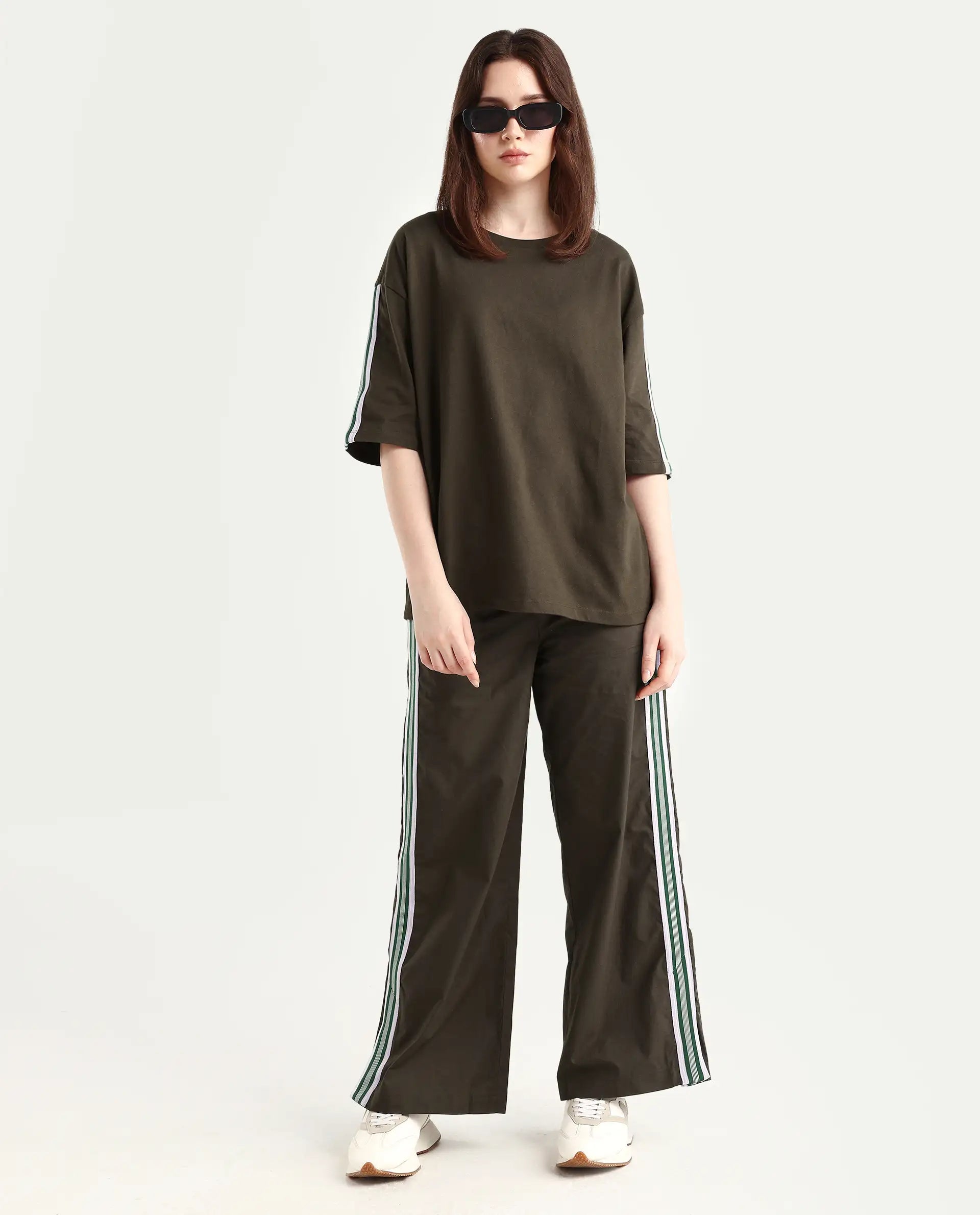 Rareism Women's Nonwen T Brown Cotton Blend Crew Neck Striped Oversized T-Shirt