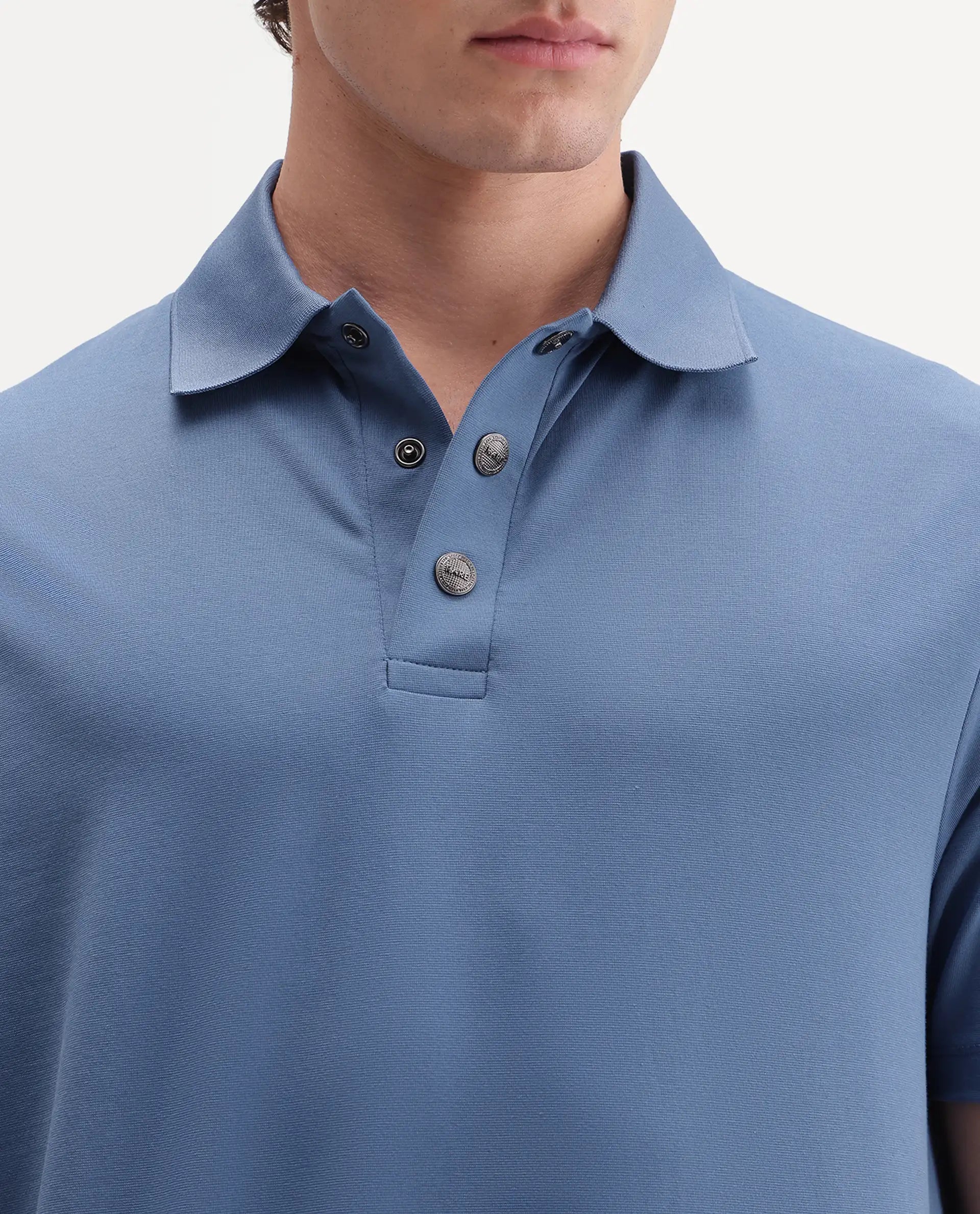 Rare Rabbit Men's Tang-25 Dusky Blue Cotton Blend Plain Regular Fit Half Sleeve Polo