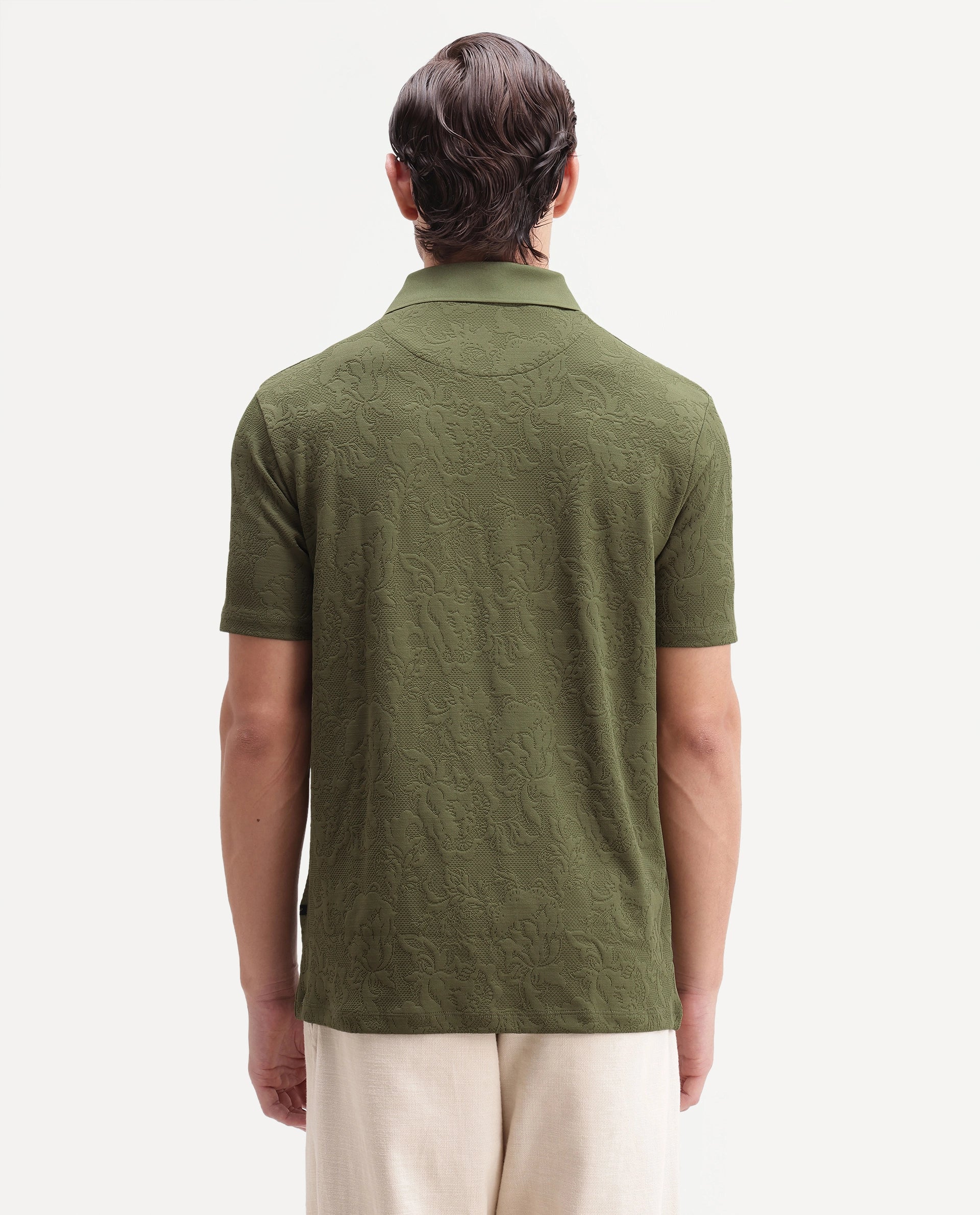 Rare Rabbit Men's Weso Olive Poly Blend Jacquard Regular Fit Half Sleeve Polo
