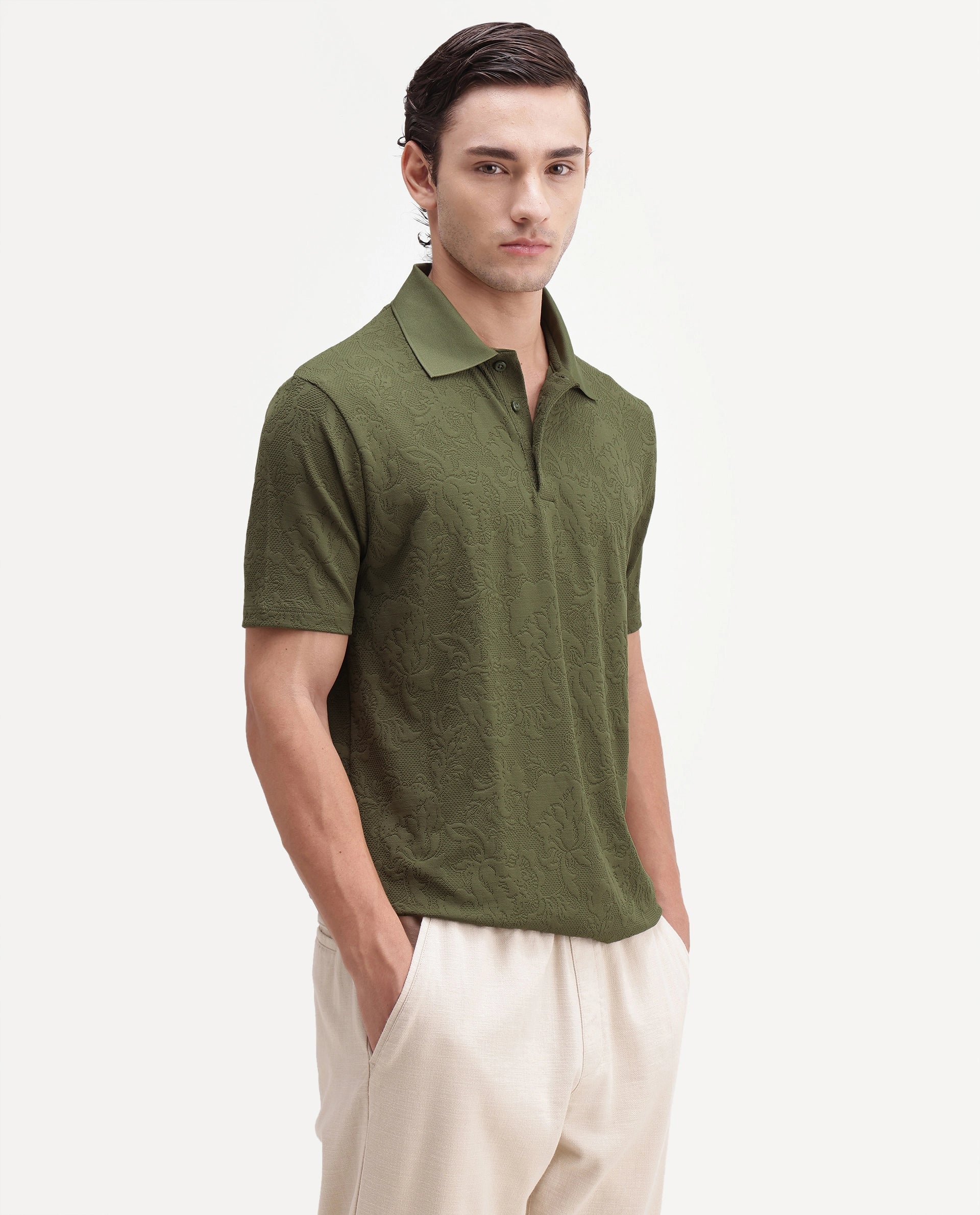 Rare Rabbit Men's Weso Olive Poly Blend Jacquard Regular Fit Half Sleeve Polo