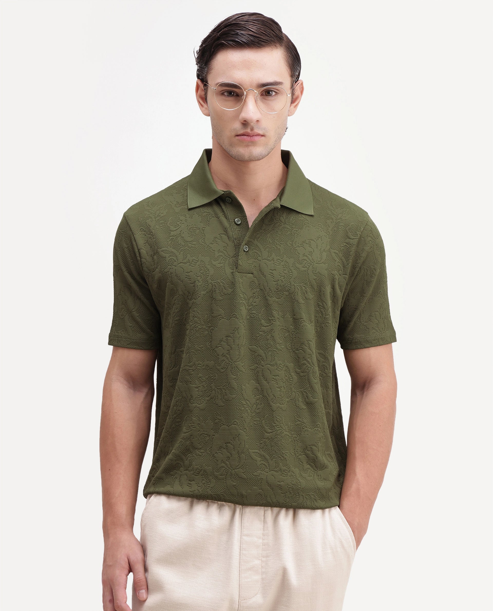 Rare Rabbit Men's Weso Olive Poly Blend Jacquard Regular Fit Half Sleeve Polo