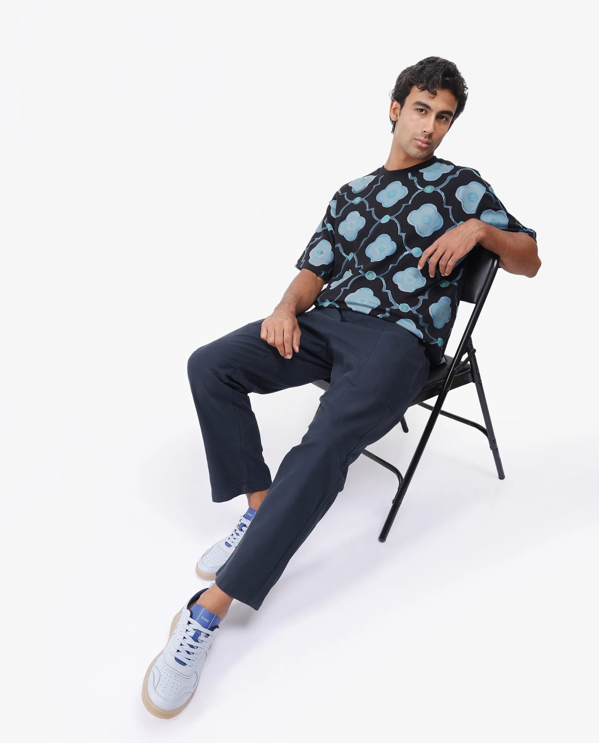 Rare Rabbit Men's Evino Black Cotton Graphic Print Oversized Fit Half Sleeve Crew Neck T-Shirt