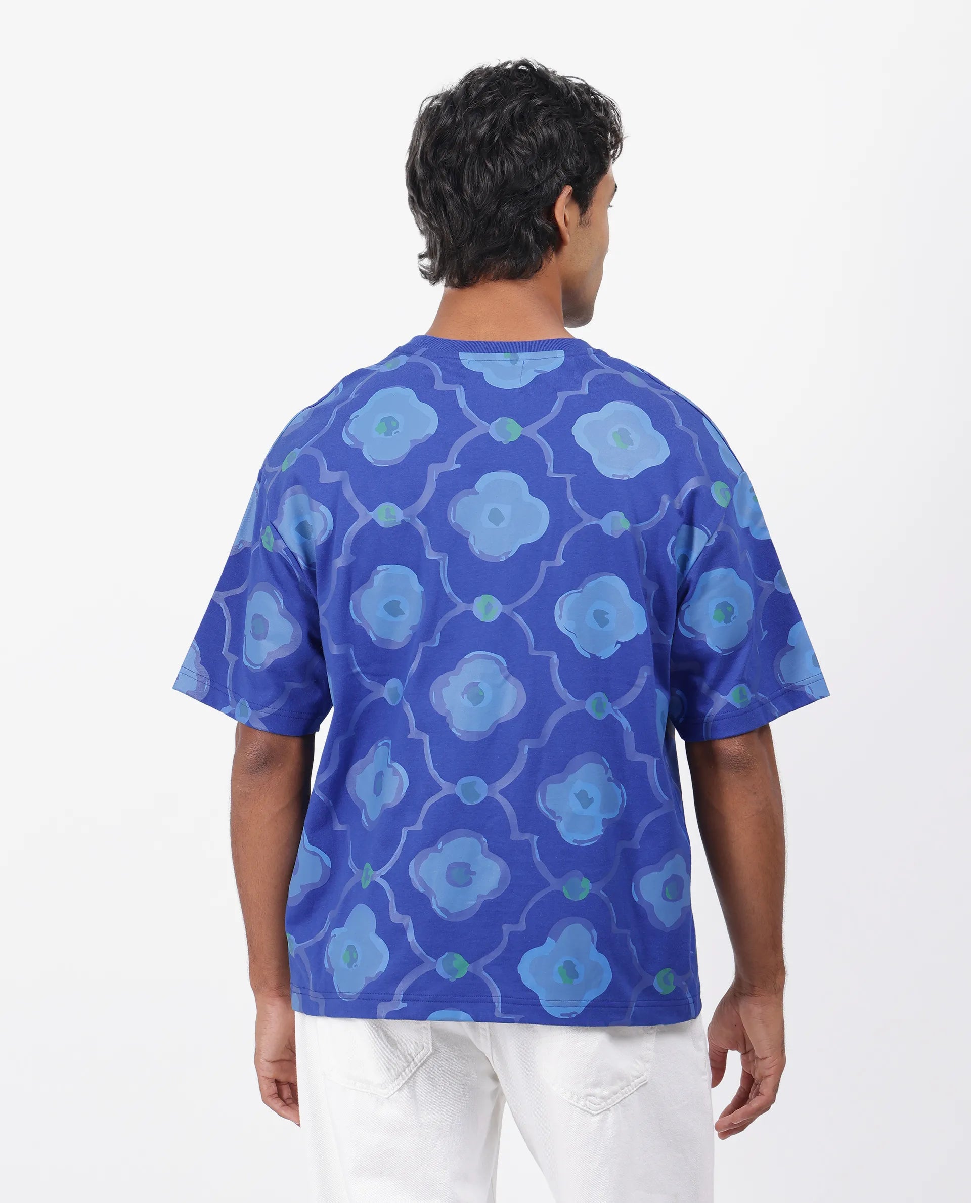 Rare Rabbit Men's Evino Flouroscent Blue Cotton Graphic Print Oversized Fit Half Sleeve Crew Neck T-Shirt