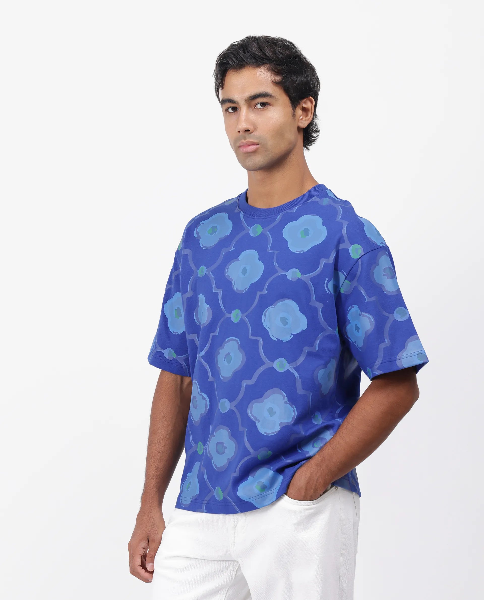 Rare Rabbit Men's Evino Flouroscent Blue Cotton Graphic Print Oversized Fit Half Sleeve Crew Neck T-Shirt